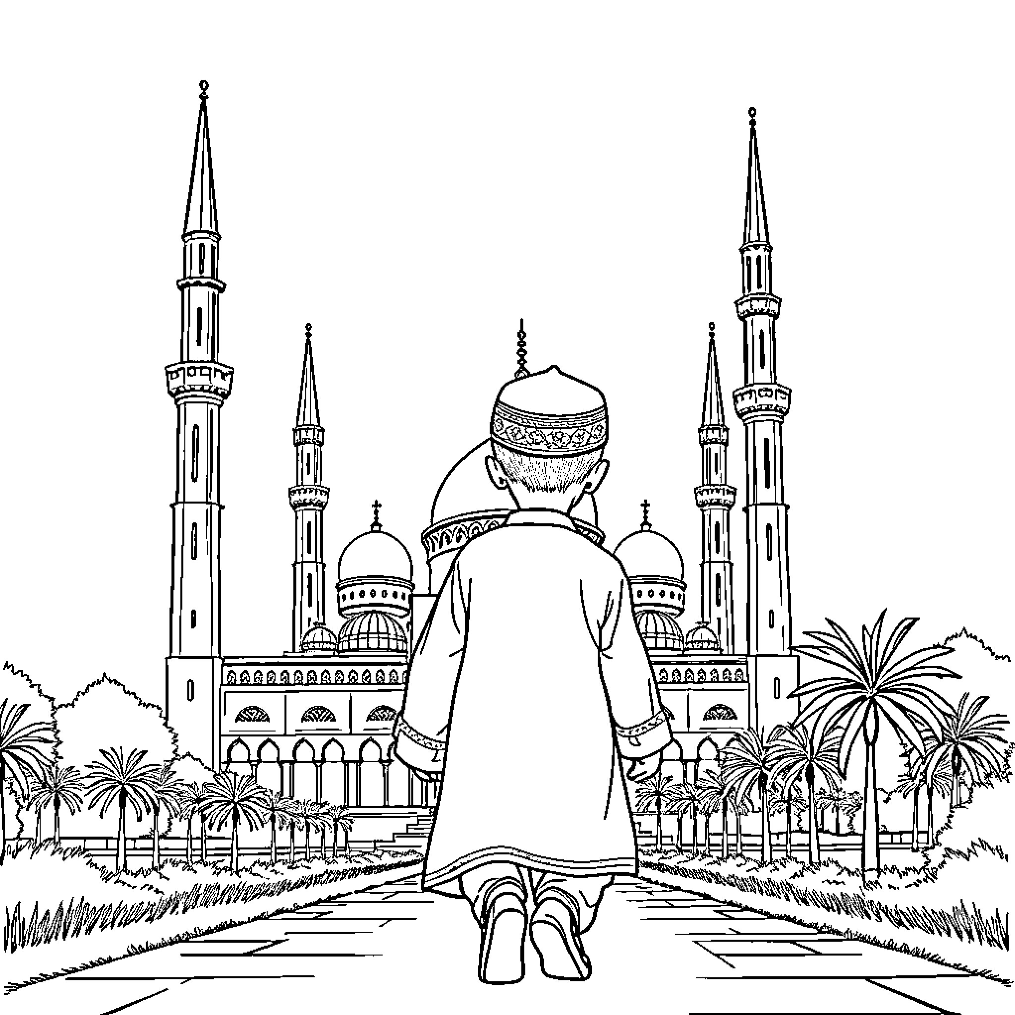 Boy walking towards mosque with palm trees Coloring Page (free black-and-white line drawing printable PDF for all, from beginners to advanced learners, including children, teens, adults, and seniors)