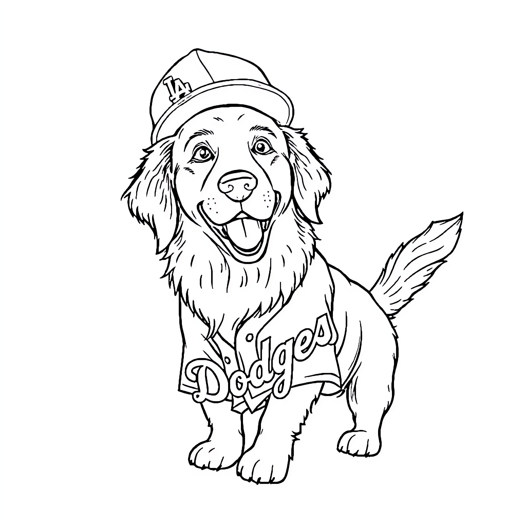 Golden Retriever wearing baseball cap and jersey Coloring Page (free black-and-white line drawing printable PDF for all, from beginners to advanced learners, including children, teens, adults, and seniors)