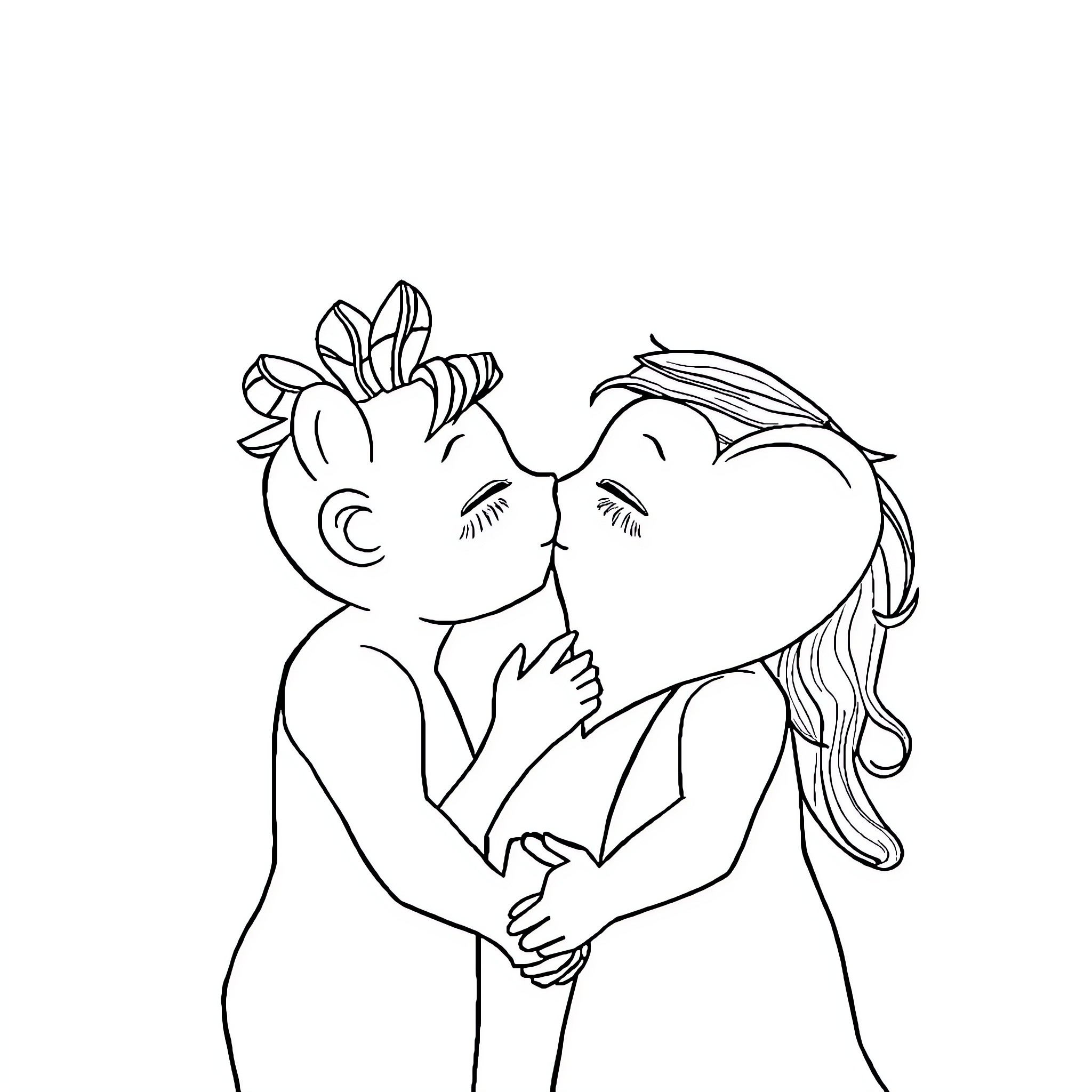 Heart-shaped characters embracing tenderly Coloring Page (free black-and-white line drawing printable PDF for all, from beginners to advanced learners, including children, teens, adults, and seniors)
