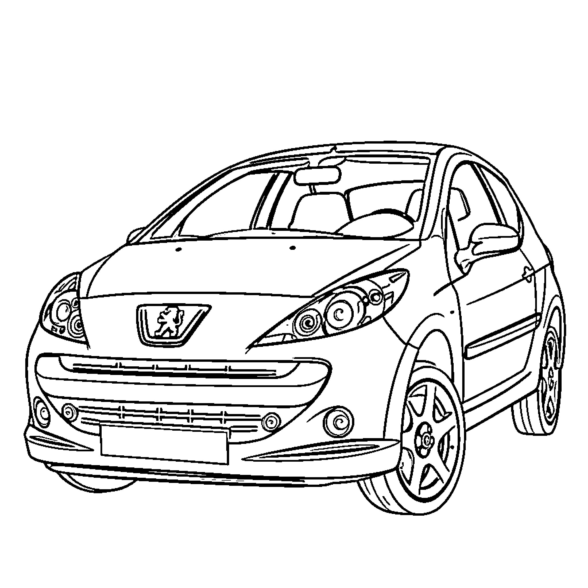 Peugeot compact car in simple line drawing Coloring Page (free black-and-white line drawing printable PDF for all, from beginners to advanced learners, including children, teens, adults, and seniors)