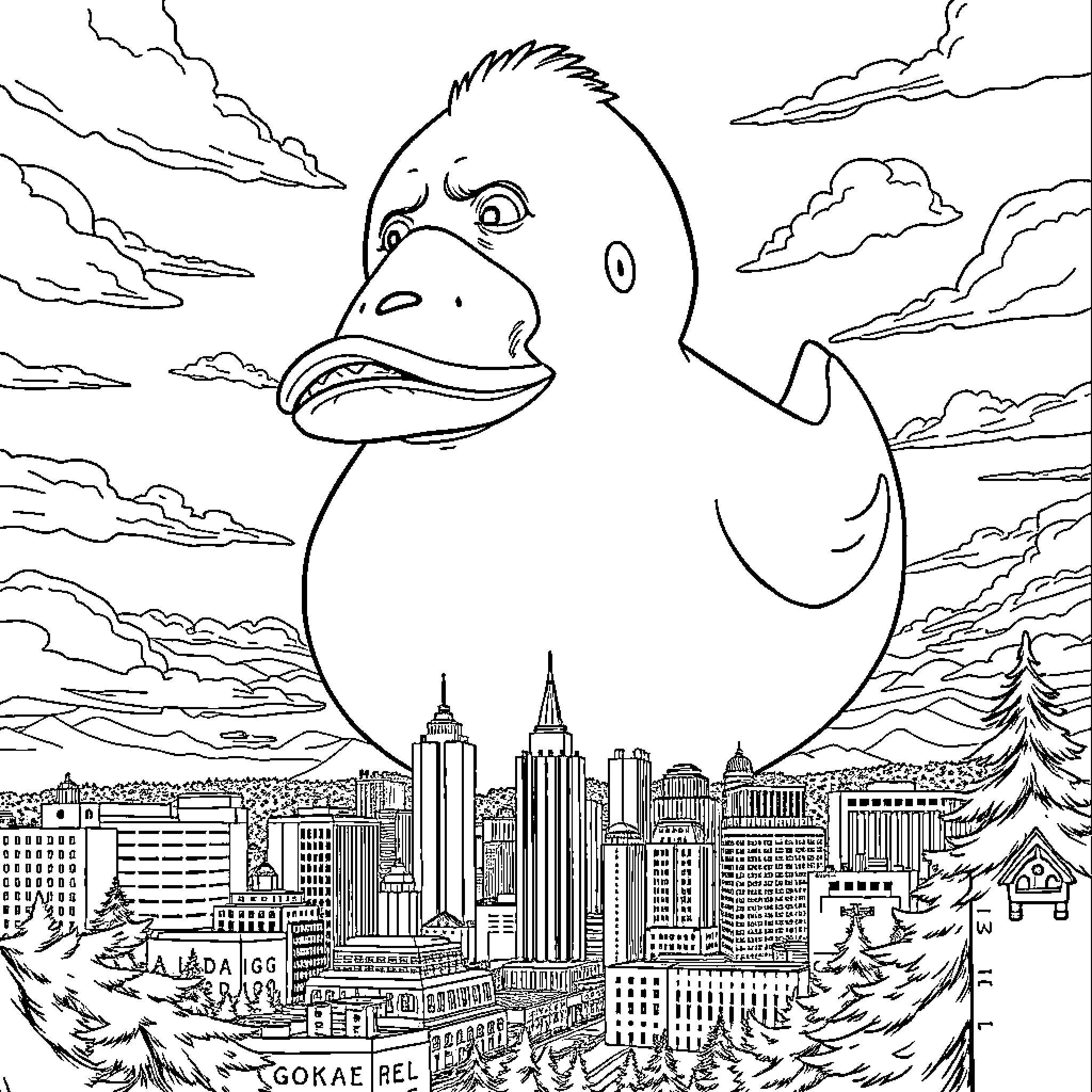Gorilla-like duck soaring over the city skyline Coloring Page (free black-and-white line drawing printable PDF for all, from beginners to advanced learners, including children, teens, adults, and seniors)