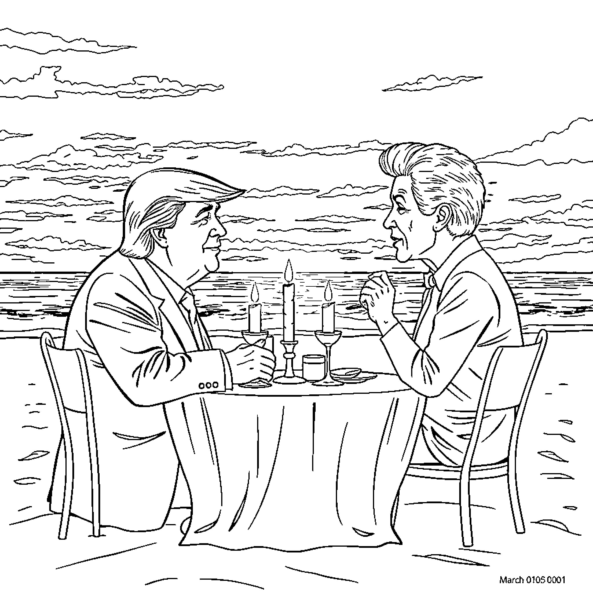 Donald Trump and another man sharing drinks on the beach Coloring Page (free black-and-white line drawing printable PDF for all, from beginners to advanced learners, including children, teens, adults, and seniors)
