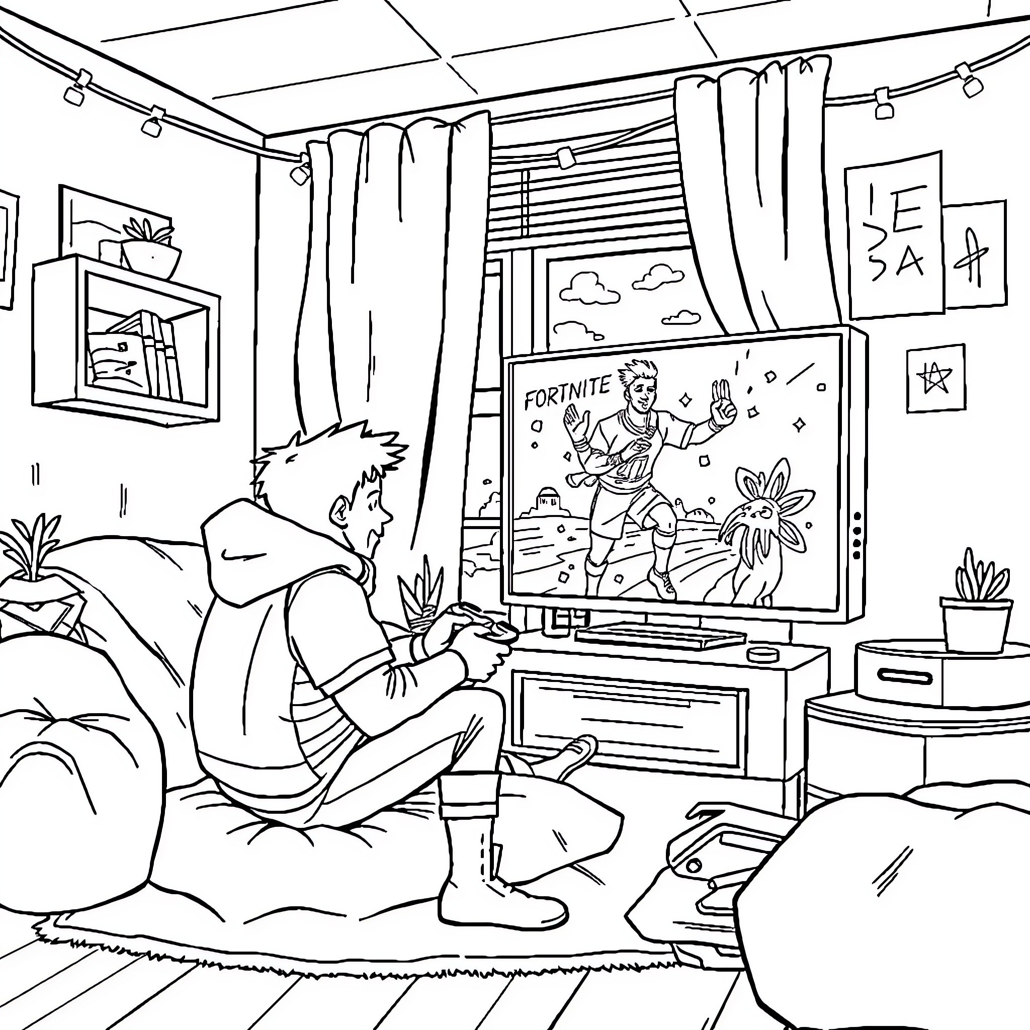 Robin gaming happily in their cozy room Coloring Page (free black-and-white line drawing printable PDF for all, from beginners to advanced learners, including children, teens, adults, and seniors)