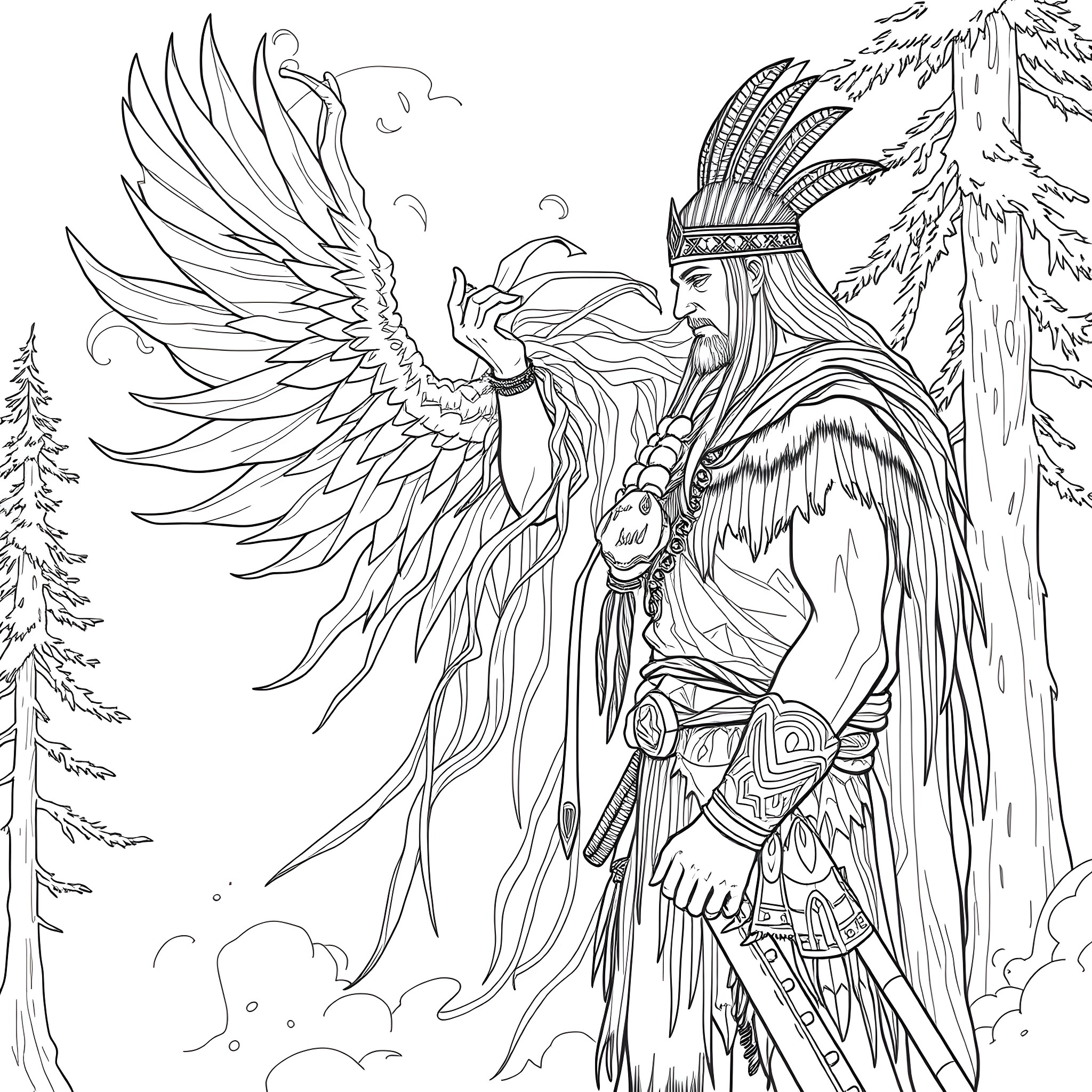 Spirit of the Winged Warrior in the Enchanted Forest Coloring Page (free black-and-white line drawing printable PDF for all, from beginners to advanced learners, including children, teens, adults, and seniors)