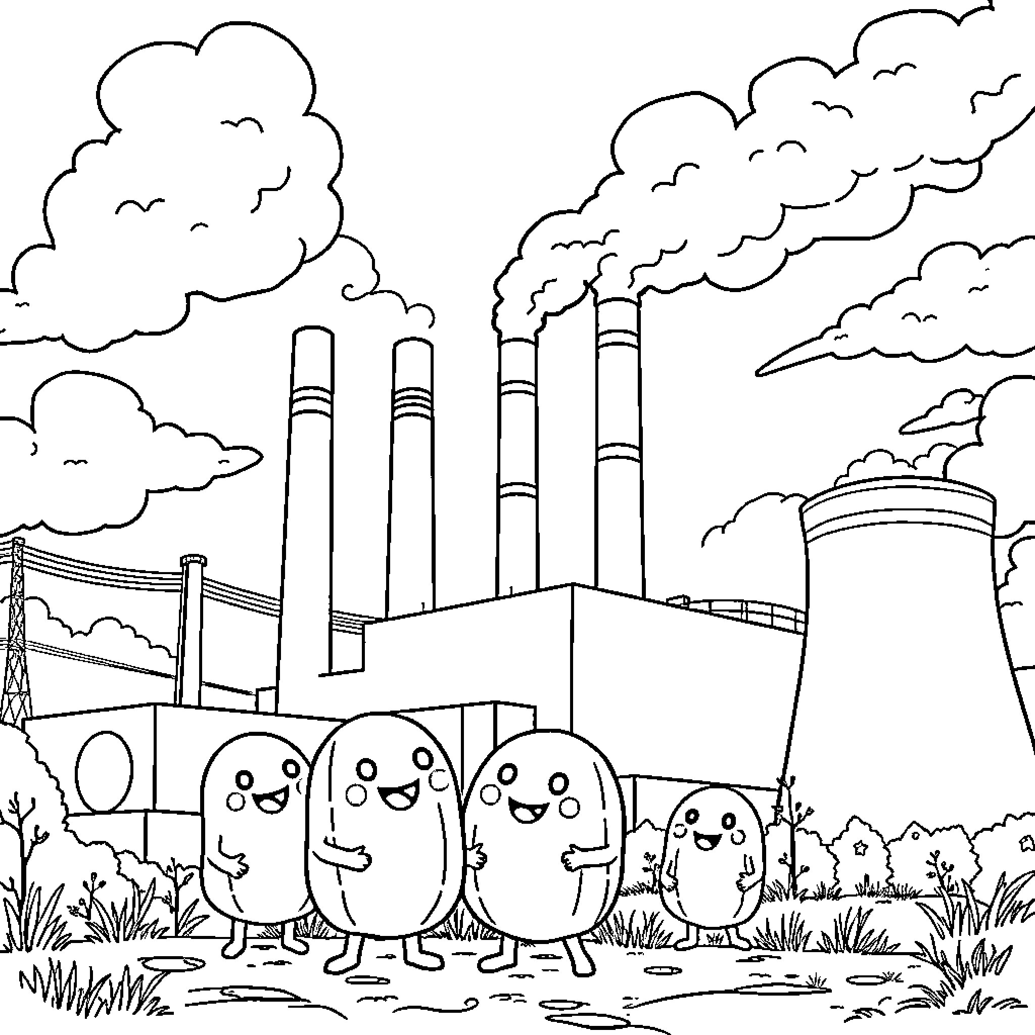 Cocomelon characters in industrial landscape Coloring Page (free black-and-white line drawing printable PDF for all, from beginners to advanced learners, including children, teens, adults, and seniors)