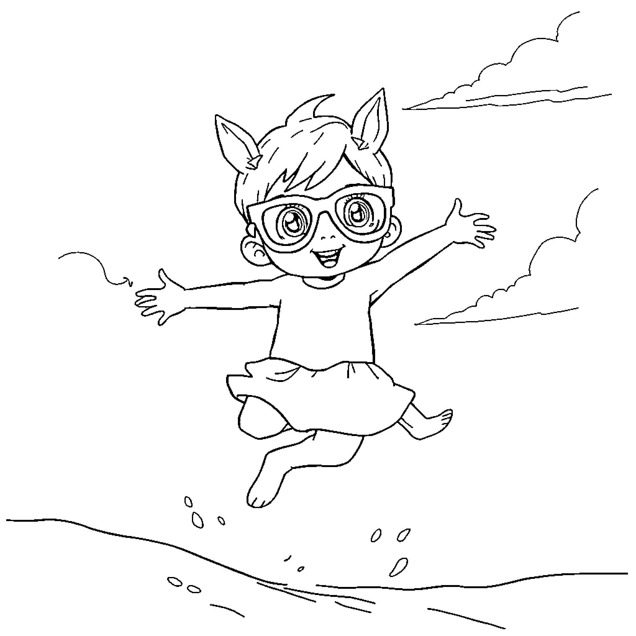 Niño jumping excitedly in the air Coloring Page (free black-and-white line drawing printable PDF for all, from beginners to advanced learners, including children, teens, adults, and seniors)