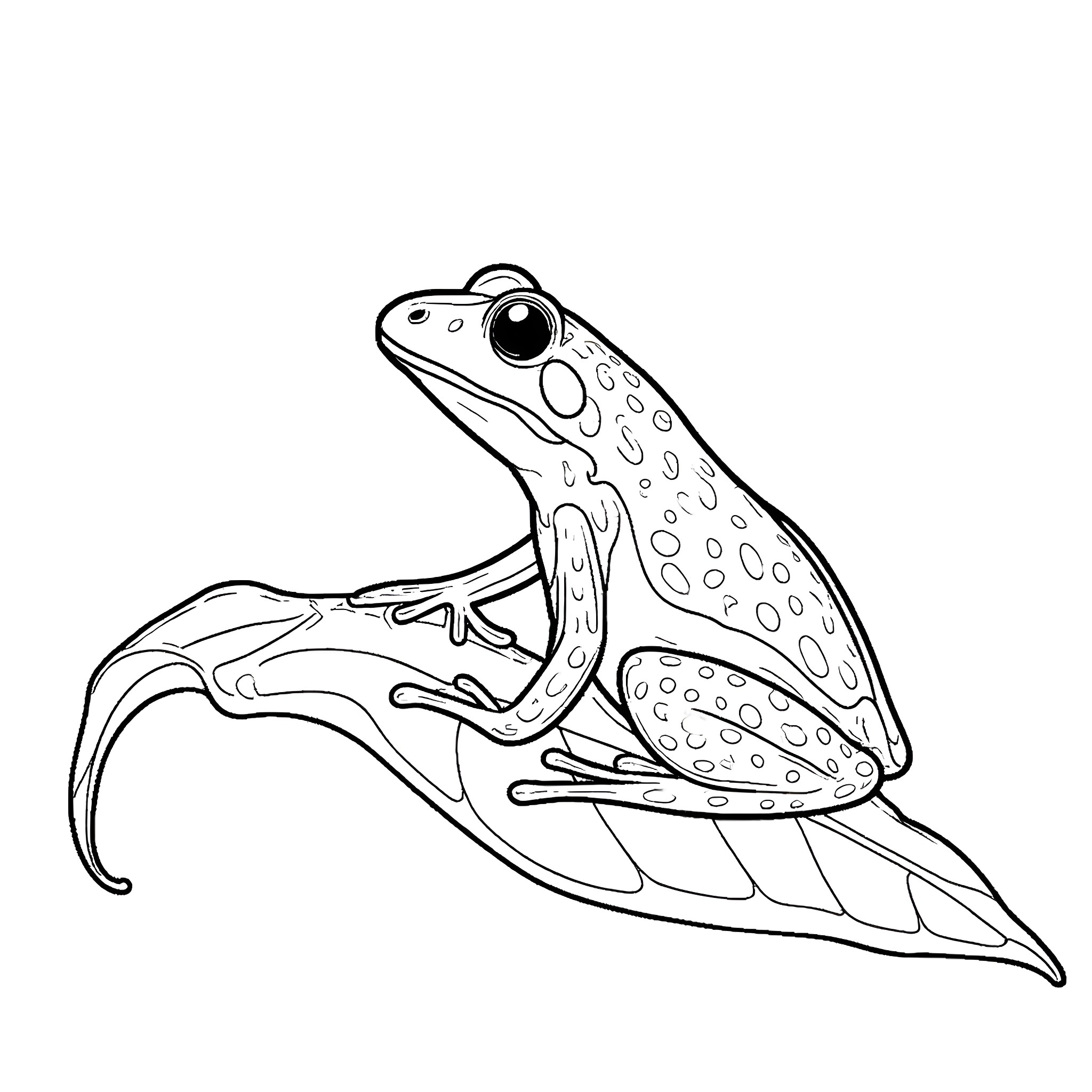 Frog perched on a leaf Coloring Page (free black-and-white line drawing printable PDF for all, from beginners to advanced learners, including children, teens, adults, and seniors)