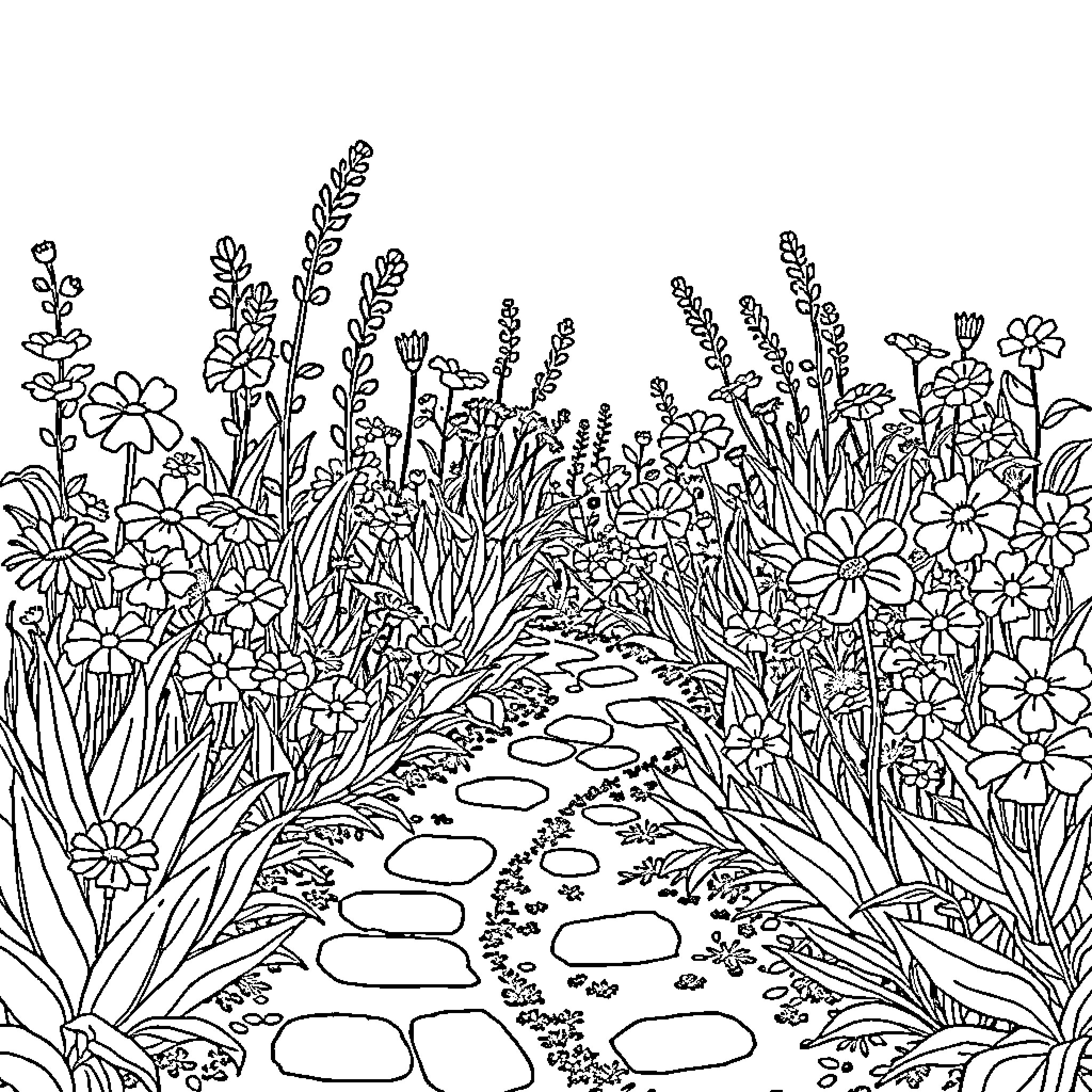 Garden Filled with Blooming Flowers and Winding Pathway Coloring Page (free black-and-white line drawing printable PDF for all, from beginners to advanced learners, including children, teens, adults, and seniors)