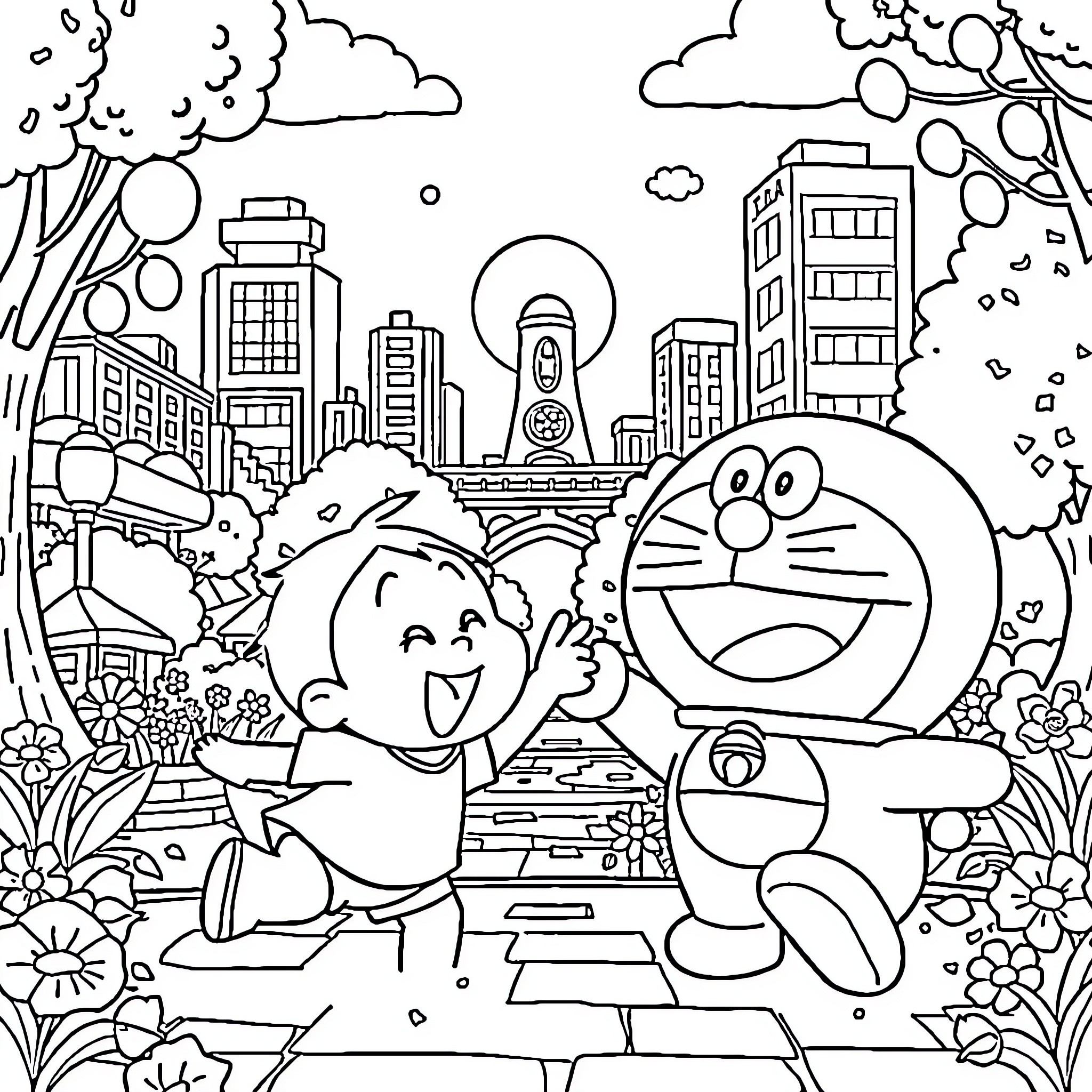 Shinchan and Doraemon having fun in the city Coloring Page (free black-and-white line drawing printable PDF for all, from beginners to advanced learners, including children, teens, adults, and seniors)