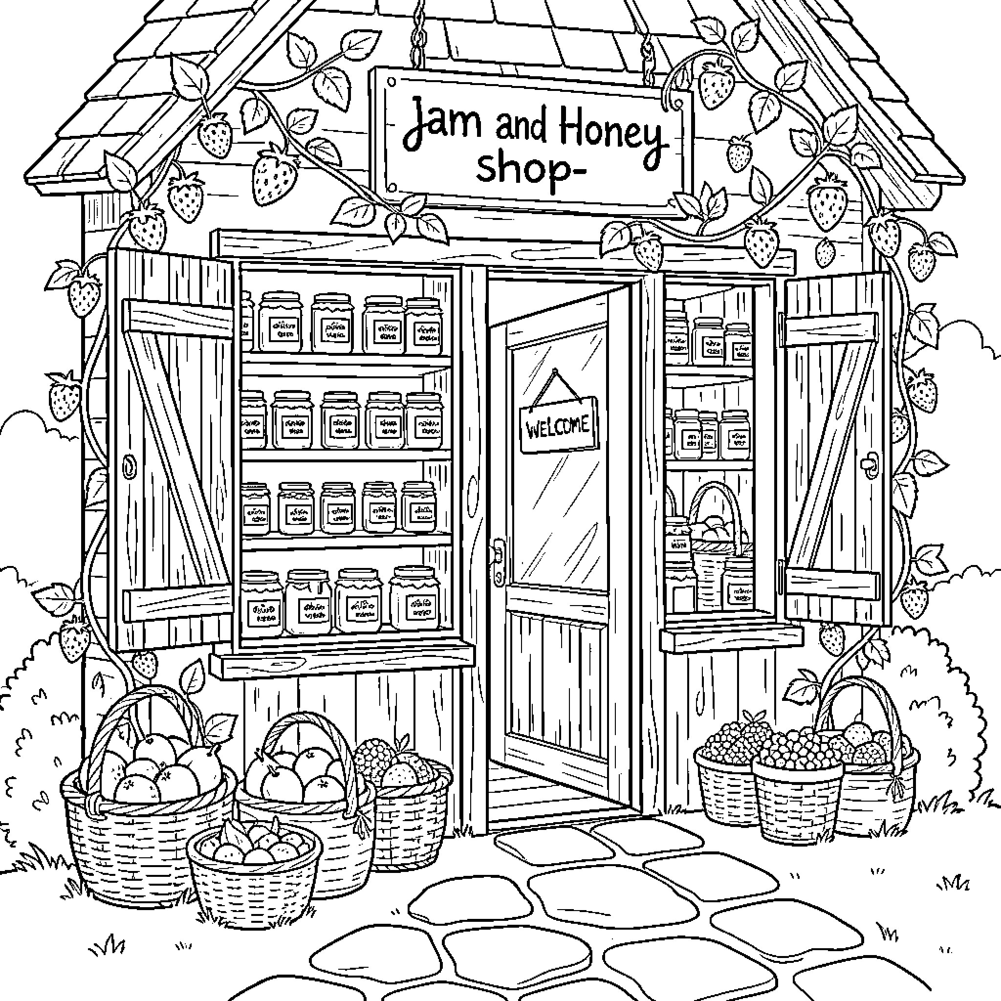 Jam and Honey shop displaying jars and fruit baskets Coloring Page (free black-and-white line drawing printable PDF for all, from beginners to advanced learners, including children, teens, adults, and seniors)