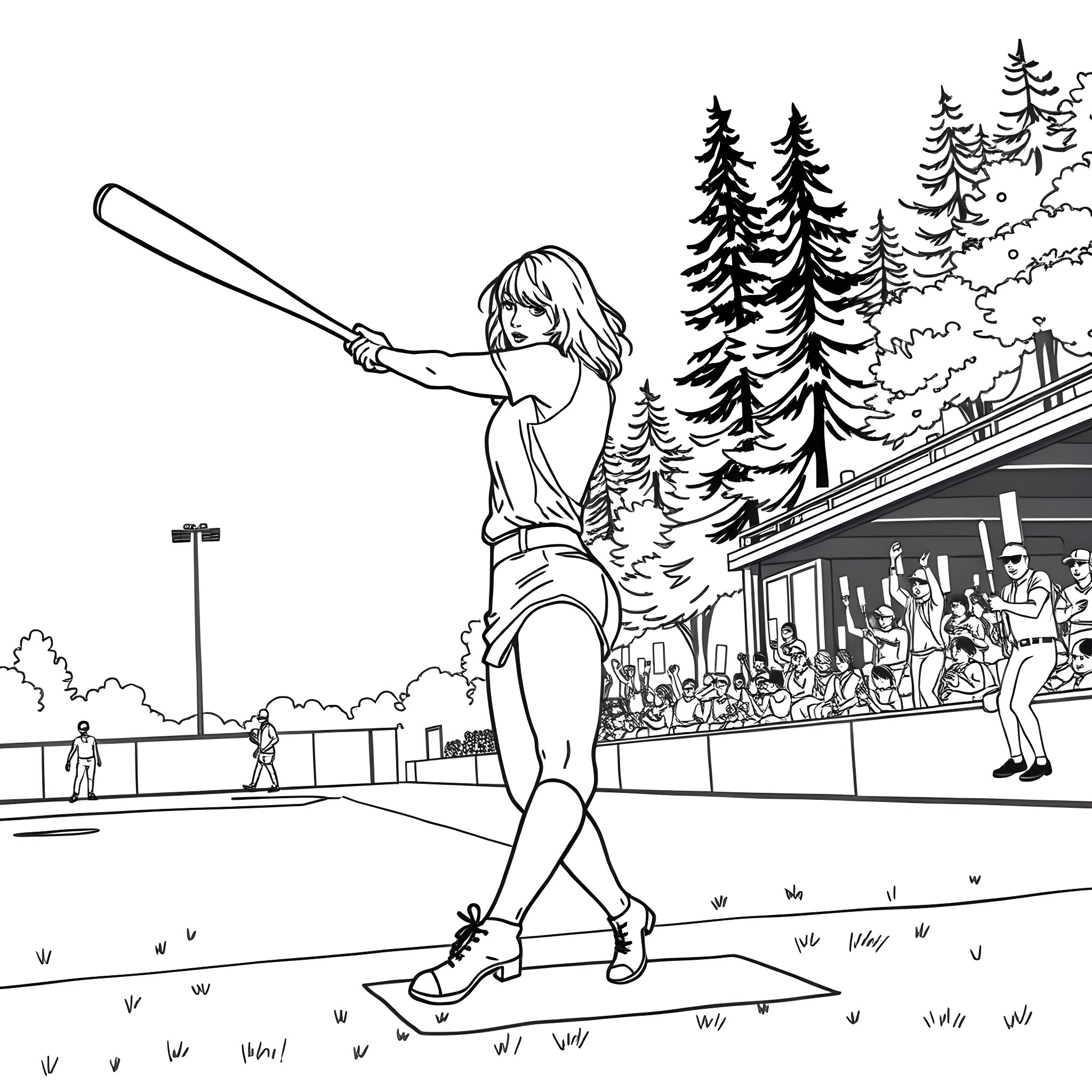 Taylor Swift playing softball in a countryside scene Coloring Page (free black-and-white line drawing printable PDF for all, from beginners to advanced learners, including children, teens, adults, and seniors)