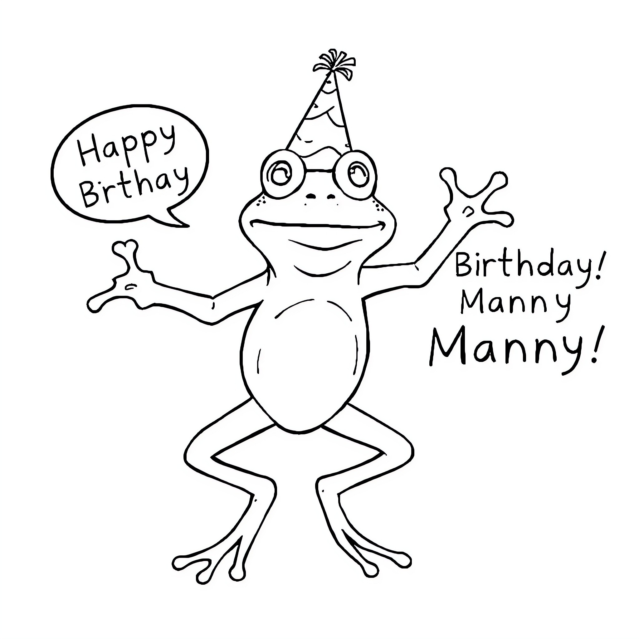 Frog celebrating a birthday with hat and speech bubble Coloring Page (free black-and-white line drawing printable PDF for all, from beginners to advanced learners, including children, teens, adults, and seniors)