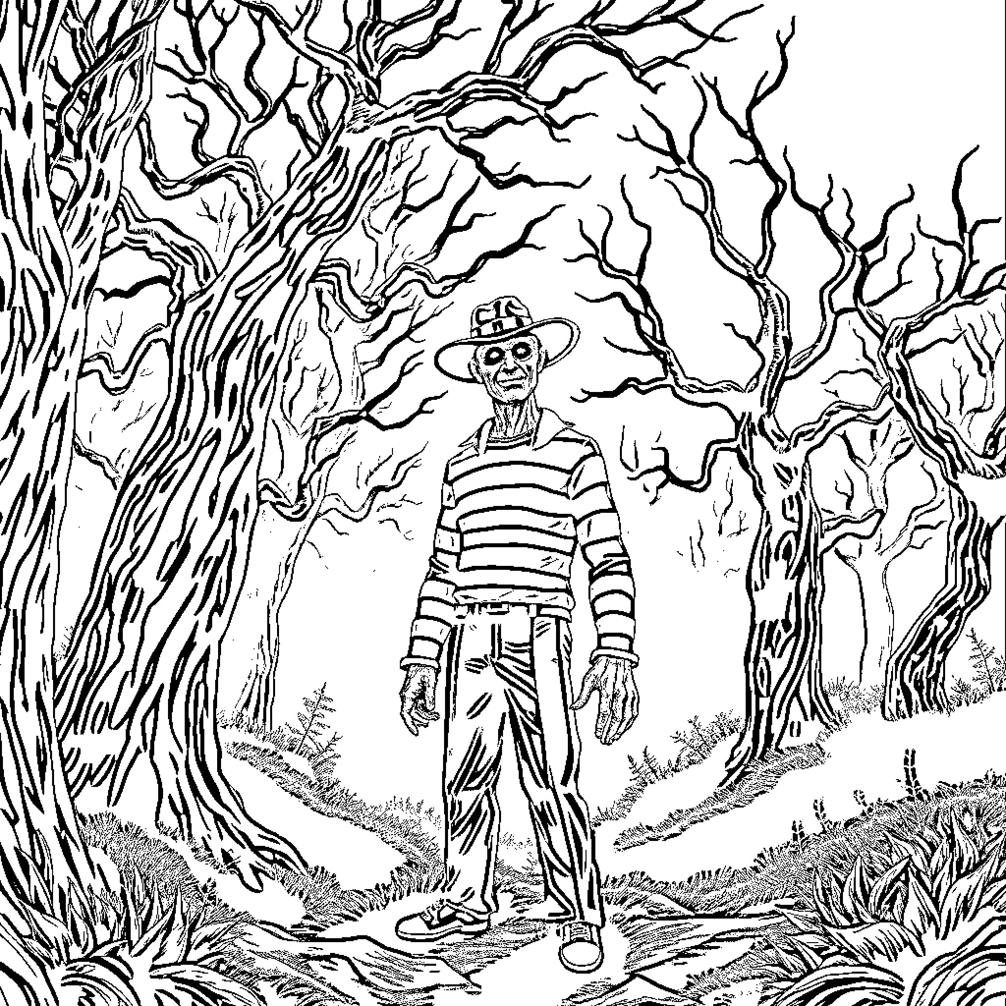 Freddy Krueger haunting a dark, eerie forest Coloring Page (free black-and-white line drawing printable PDF for all, from beginners to advanced learners, including children, teens, adults, and seniors)