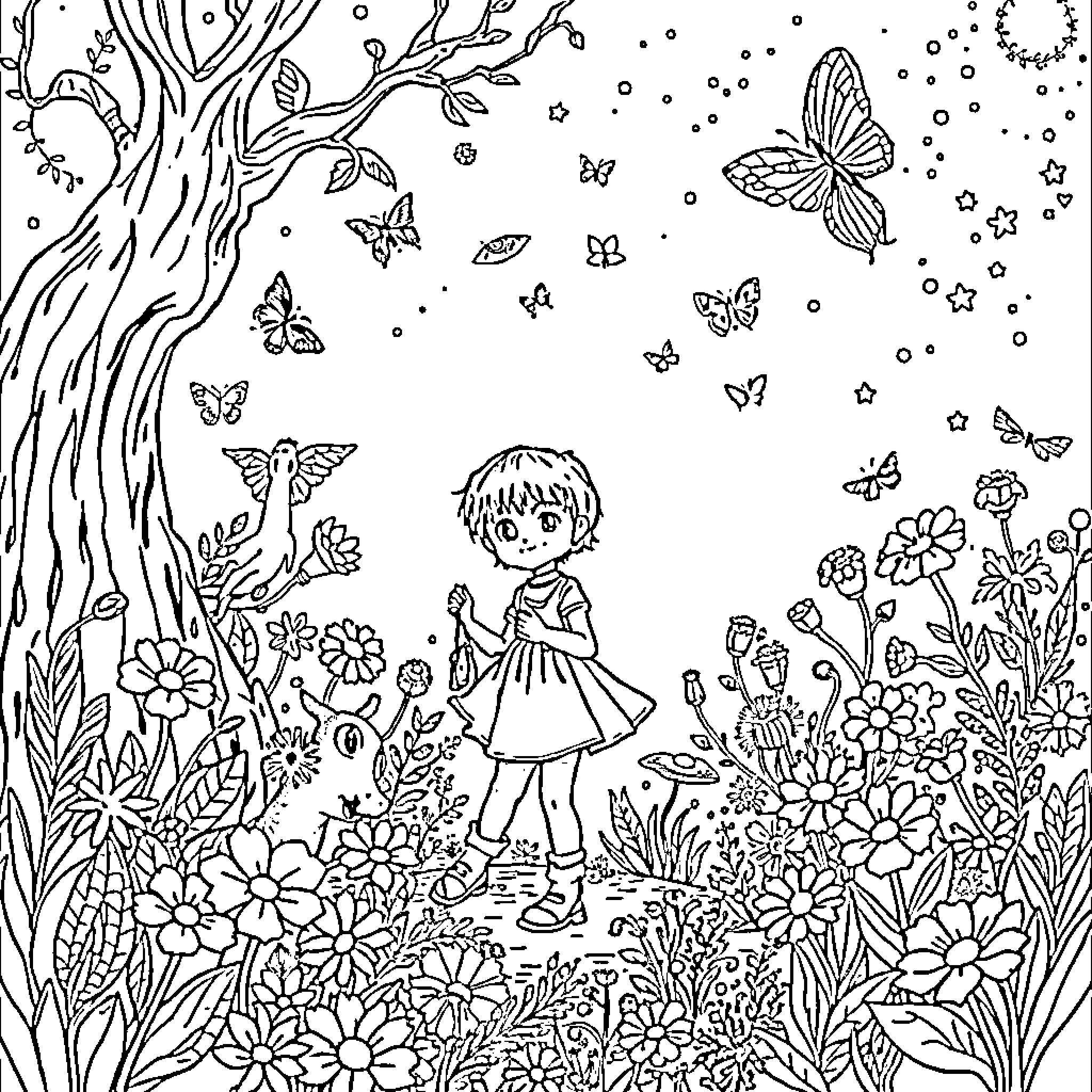 Addison's Whimsical Woodland Adventure Coloring Page (free black-and-white line drawing printable PDF for all, from beginners to advanced learners, including children, teens, adults, and seniors)