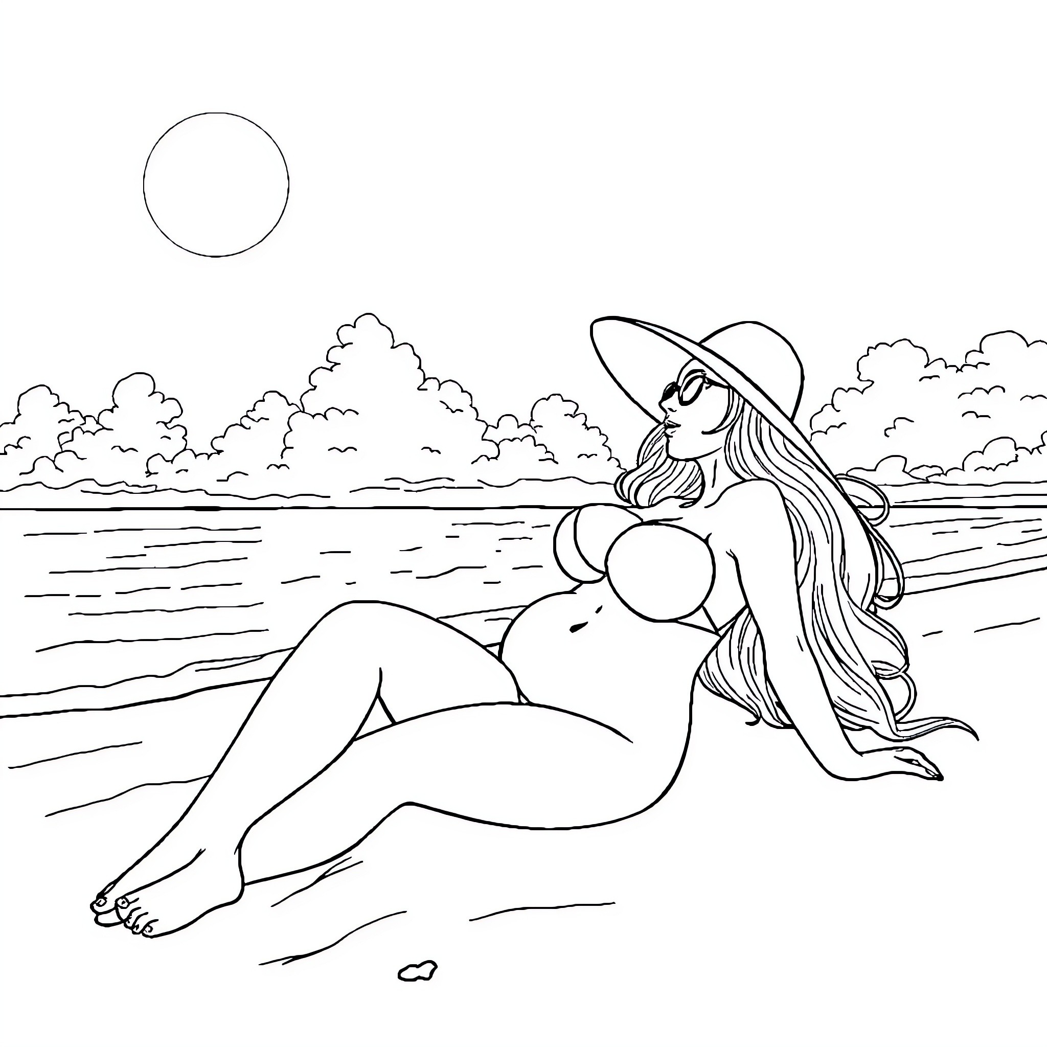 Shadowheart relaxing at the beach Coloring Page (free black-and-white line drawing printable PDF for all, from beginners to advanced learners, including children, teens, adults, and seniors)