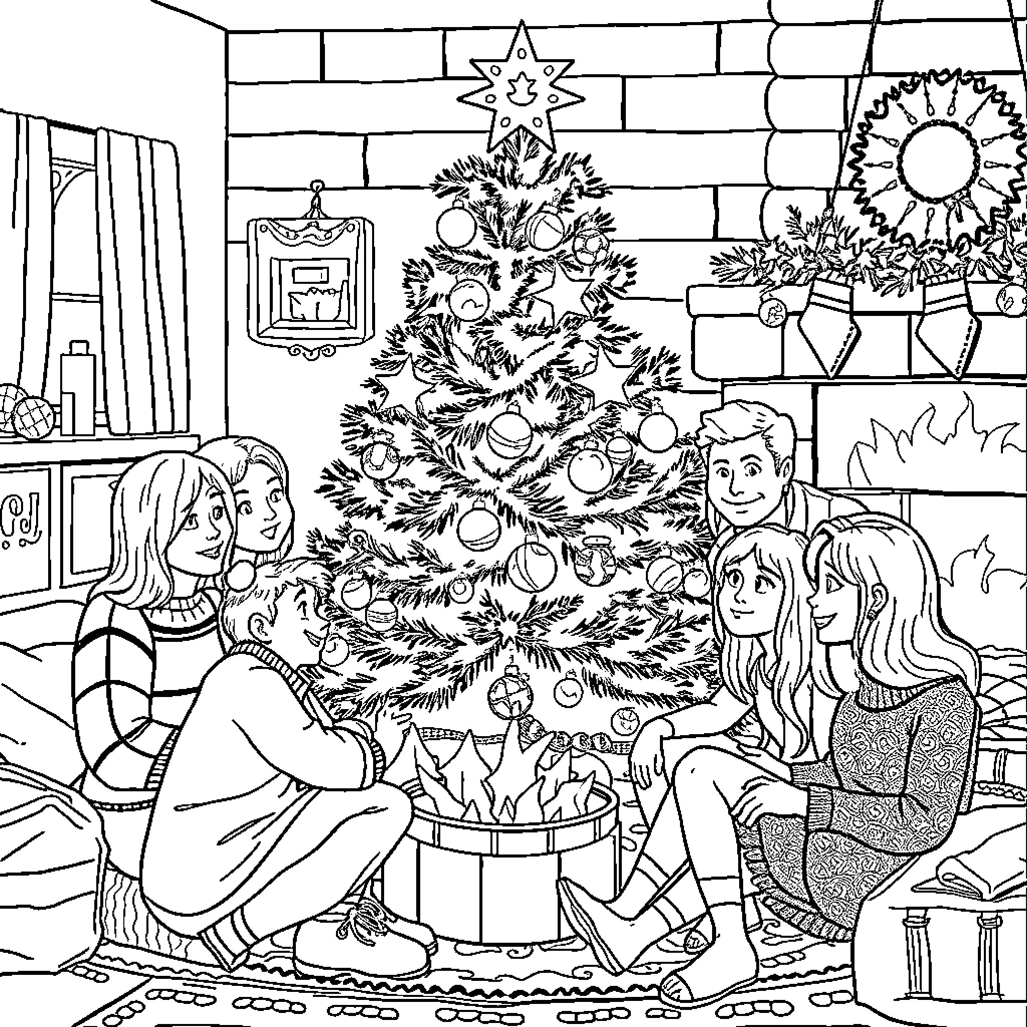 Friends enjoying Christmas tree decor and celebration Coloring Page (free black-and-white line drawing printable PDF for all, from beginners to advanced learners, including children, teens, adults, and seniors)