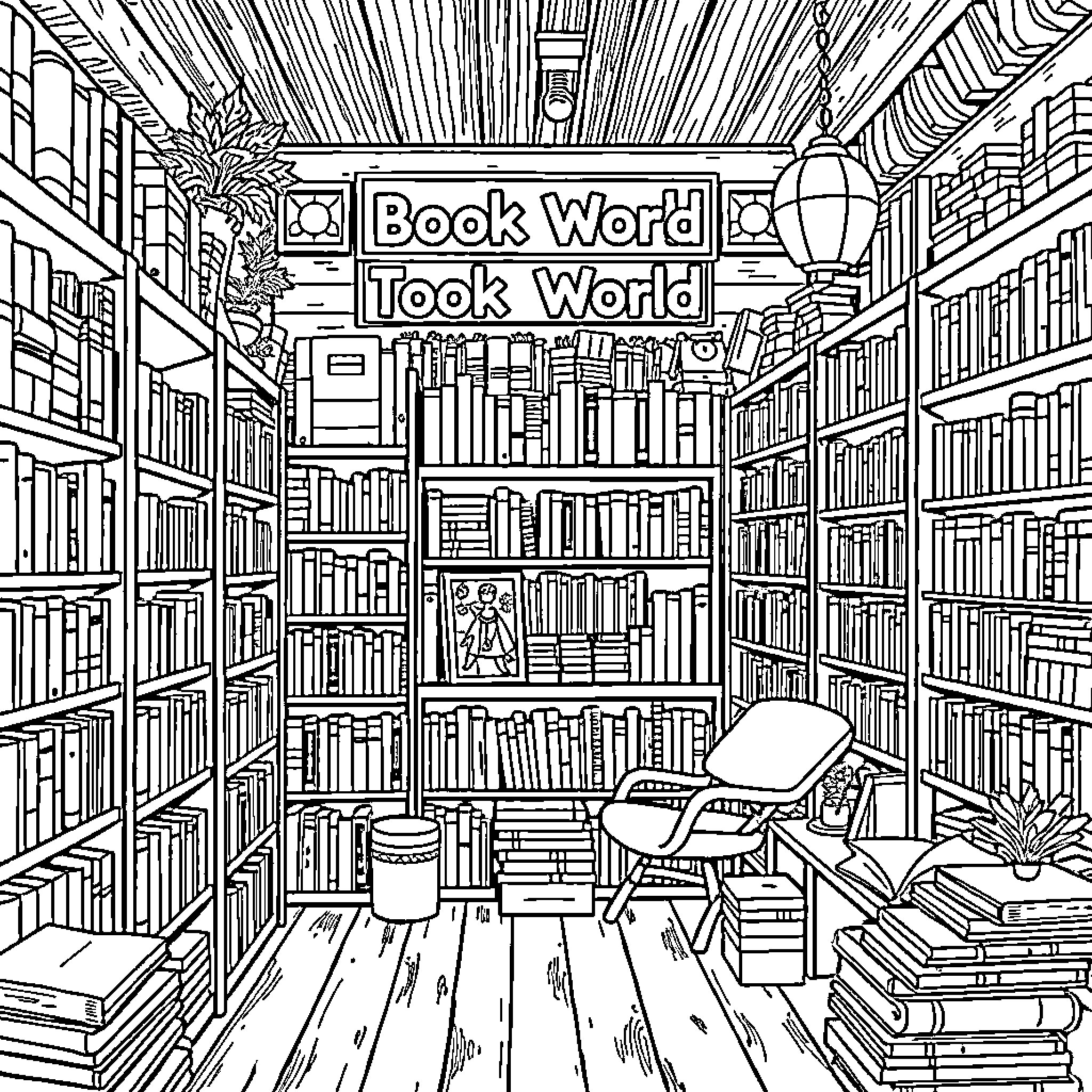 Book World, Took World Coloring Page (free black-and-white line drawing printable PDF for all, from beginners to advanced learners, including children, teens, adults, and seniors)