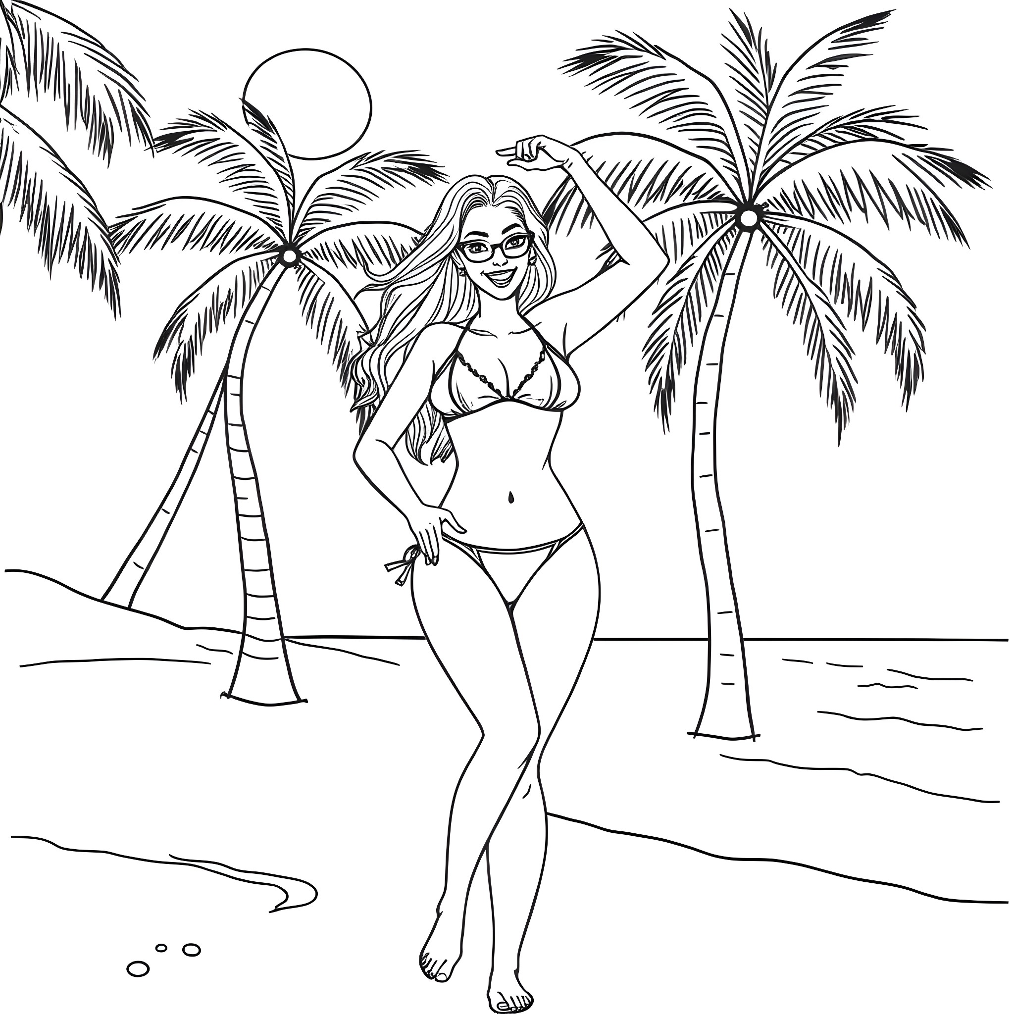 Woman enjoying the tropical beach scenery Coloring Page (free black-and-white line drawing printable PDF for all, from beginners to advanced learners, including children, teens, adults, and seniors)