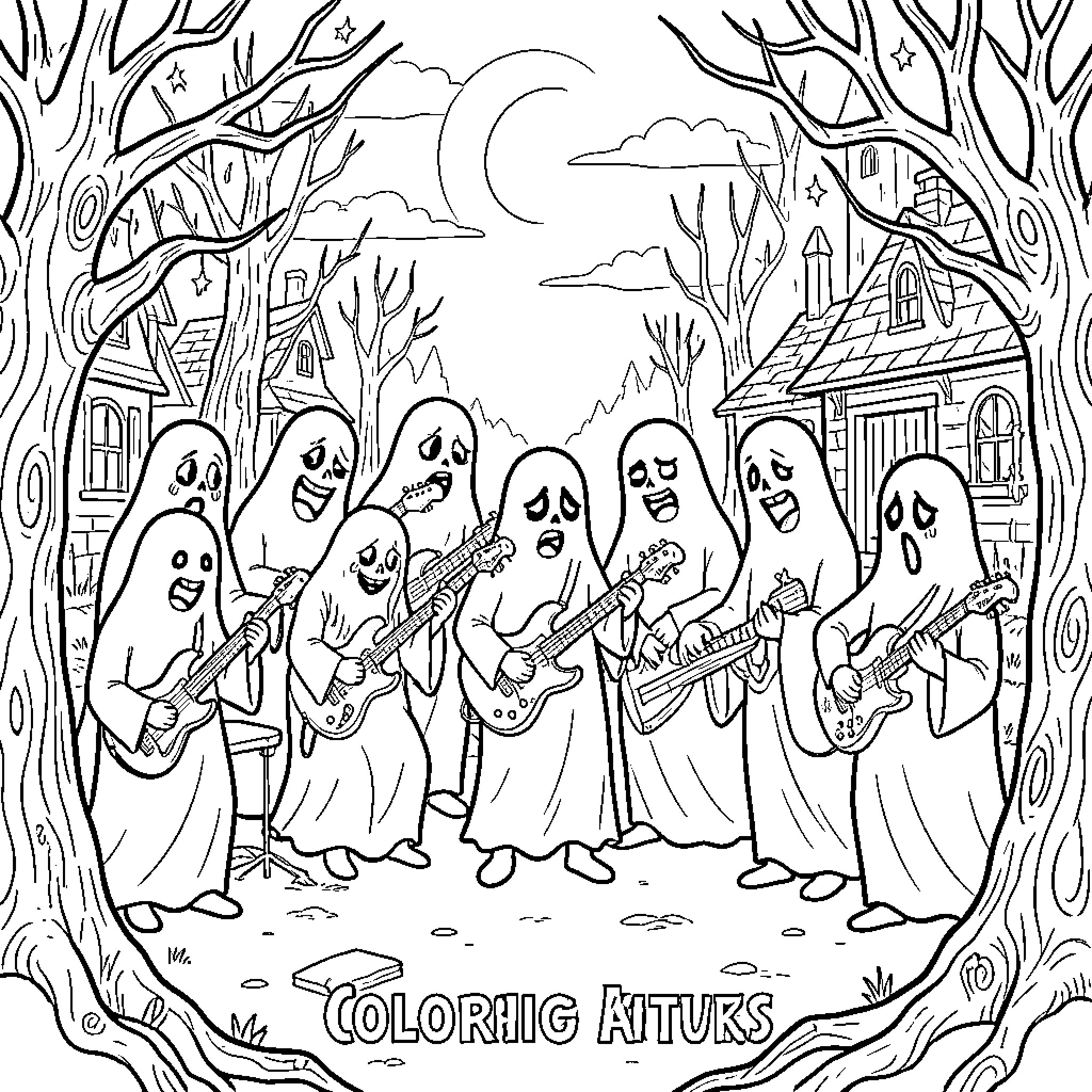 Ghost band performing music together in a forest Coloring Page (free black-and-white line drawing printable PDF for all, from beginners to advanced learners, including children, teens, adults, and seniors)