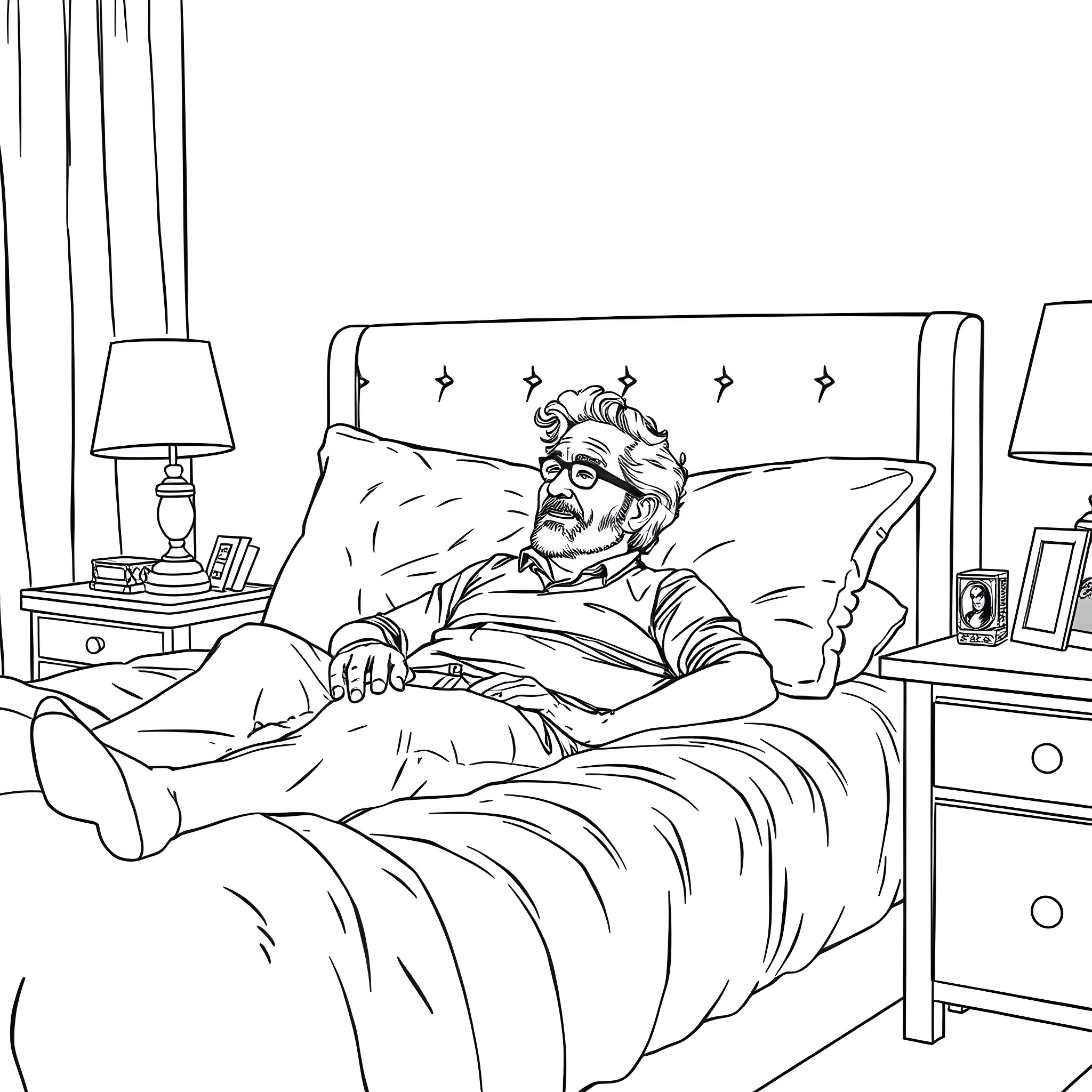 Barry Wood feeling unwell in his bedroom Coloring Page (free black-and-white line drawing printable PDF for all, from beginners to advanced learners, including children, teens, adults, and seniors)