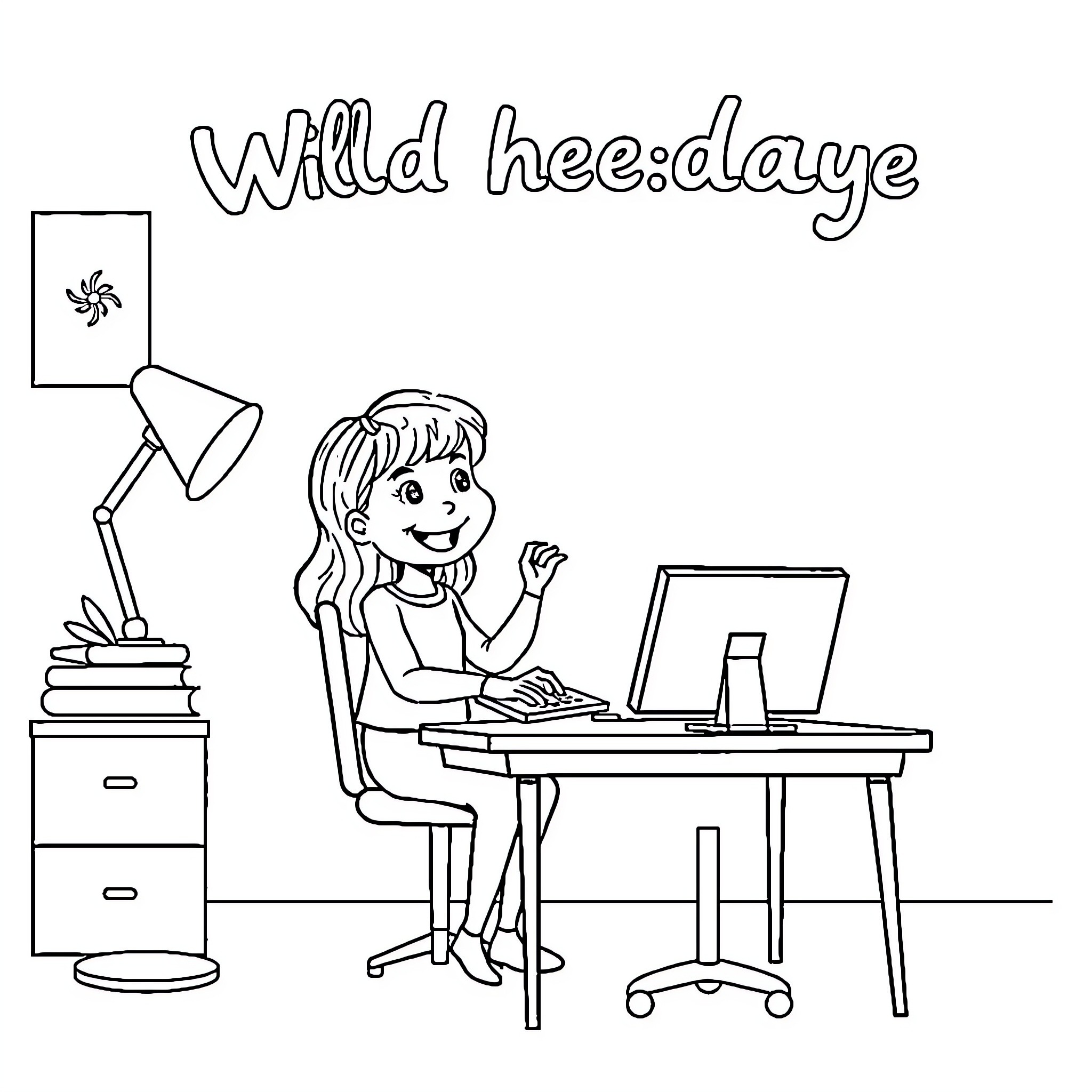 Wednesday at the computer desk Coloring Page (free black-and-white line drawing printable PDF for all, from beginners to advanced learners, including children, teens, adults, and seniors)