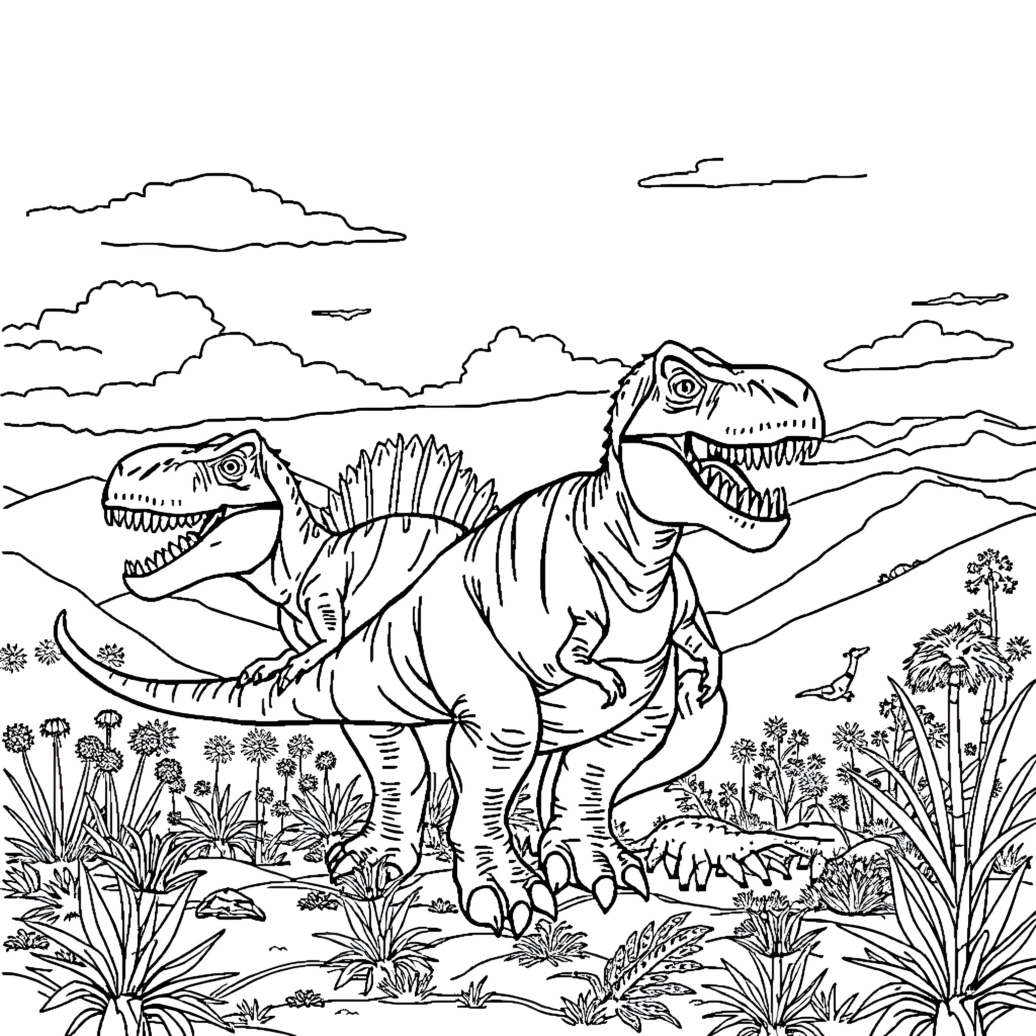 Dinosaurs roaming in prehistoric landscape Coloring Page (free black-and-white line drawing printable PDF for all, from beginners to advanced learners, including children, teens, adults, and seniors)