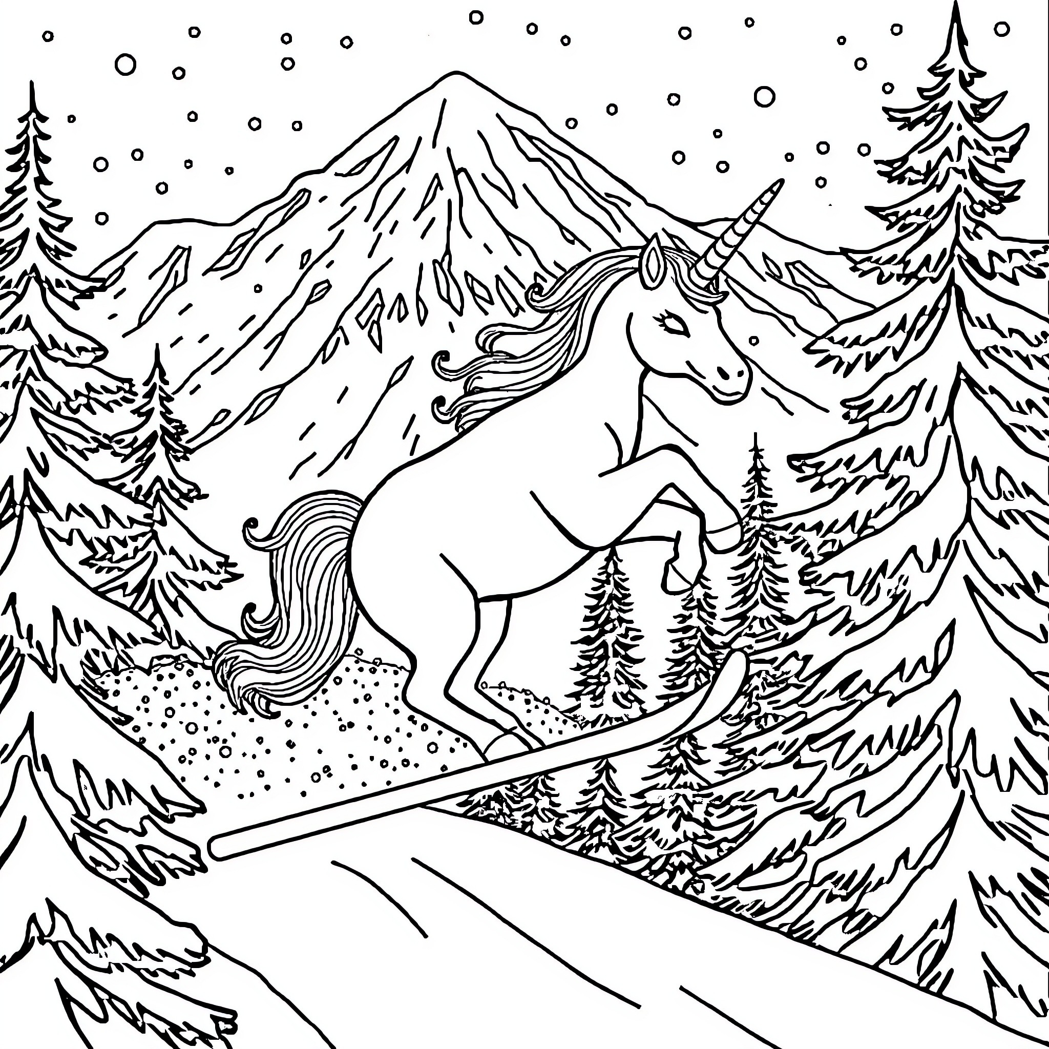 Unicorn galloping through snowy winter landscape Coloring Page (free black-and-white line drawing printable PDF for all, from beginners to advanced learners, including children, teens, adults, and seniors)