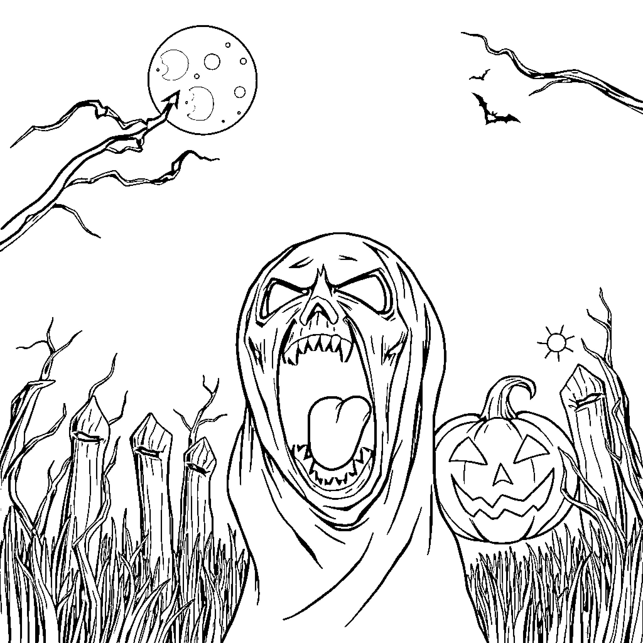 Halloween Spooky Scenes with Ghosts and Pumpkins Coloring Page (free black-and-white line drawing printable PDF for all, from beginners to advanced learners, including children, teens, adults, and seniors)