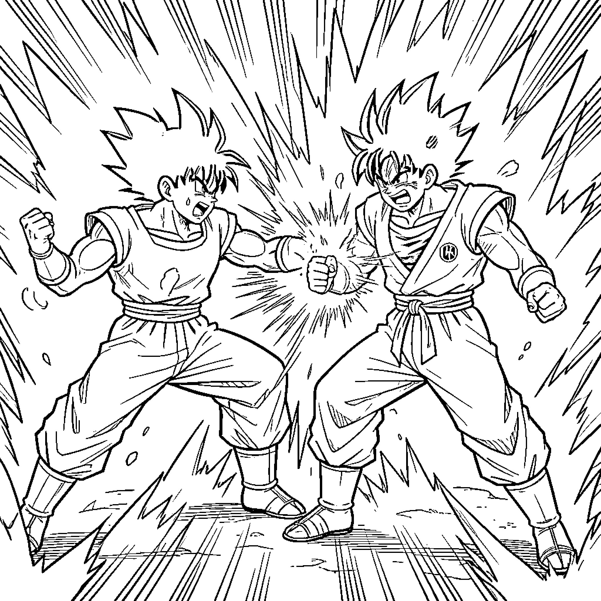 Sangoku Warriors Clash in Explosive Battle Coloring Page (free black-and-white line drawing printable PDF for all, from beginners to advanced learners, including children, teens, adults, and seniors)