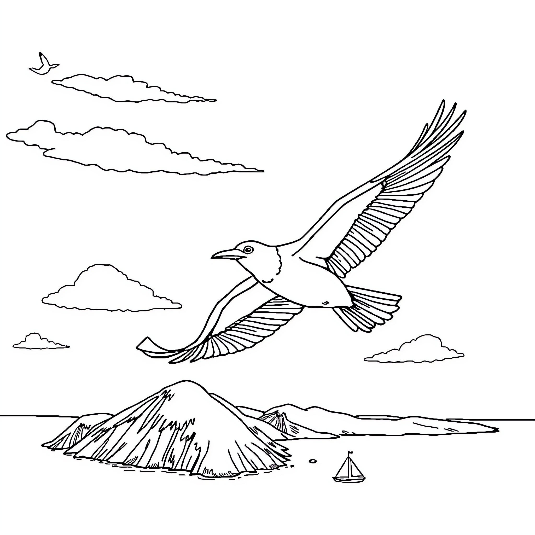 Bird soaring majestically over mountain landscape Coloring Page (free black-and-white line drawing printable PDF for all, from beginners to advanced learners, including children, teens, adults, and seniors)