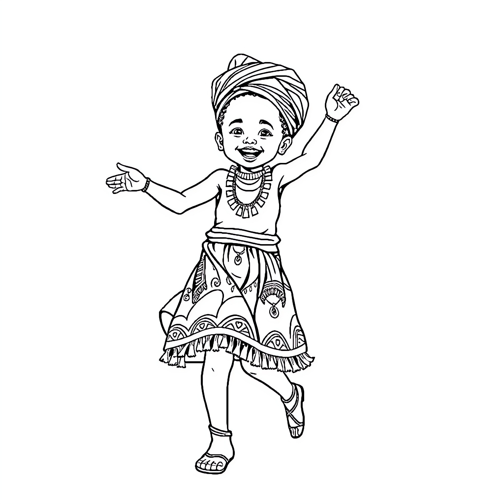 Child dancing joyfully in traditional outfit Coloring Page (free black-and-white line drawing printable PDF for all, from beginners to advanced learners, including children, teens, adults, and seniors)