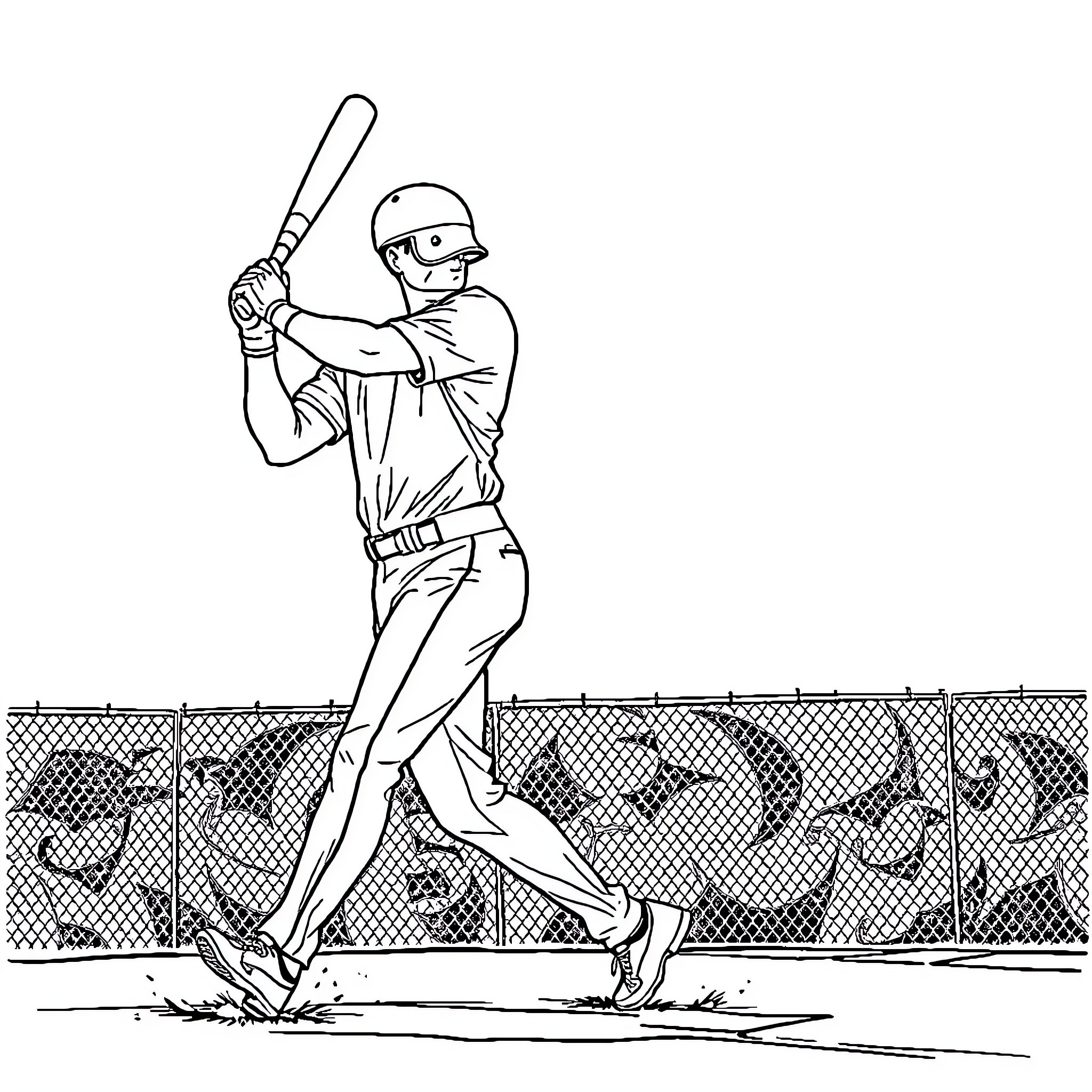 Baseball Player Batting in the Game Coloring Page (free black-and-white line drawing printable PDF for all, from beginners to advanced learners, including children, teens, adults, and seniors)