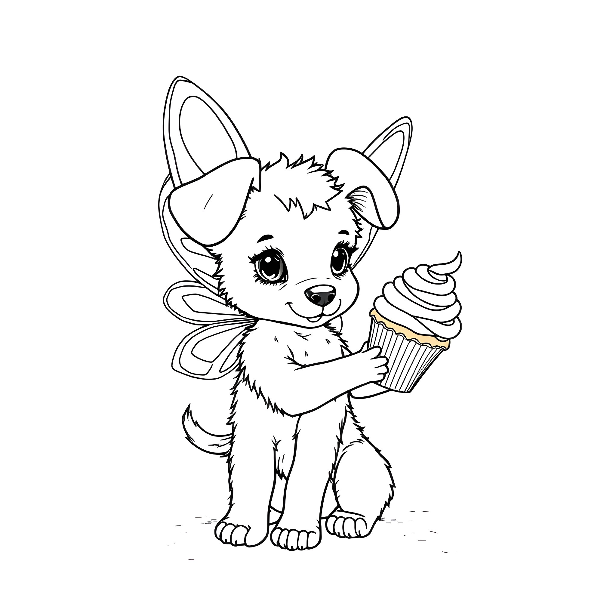 Puppy holding a cupcake with excitement Coloring Page (free black-and-white line drawing printable PDF for all, from beginners to advanced learners, including children, teens, adults, and seniors)
