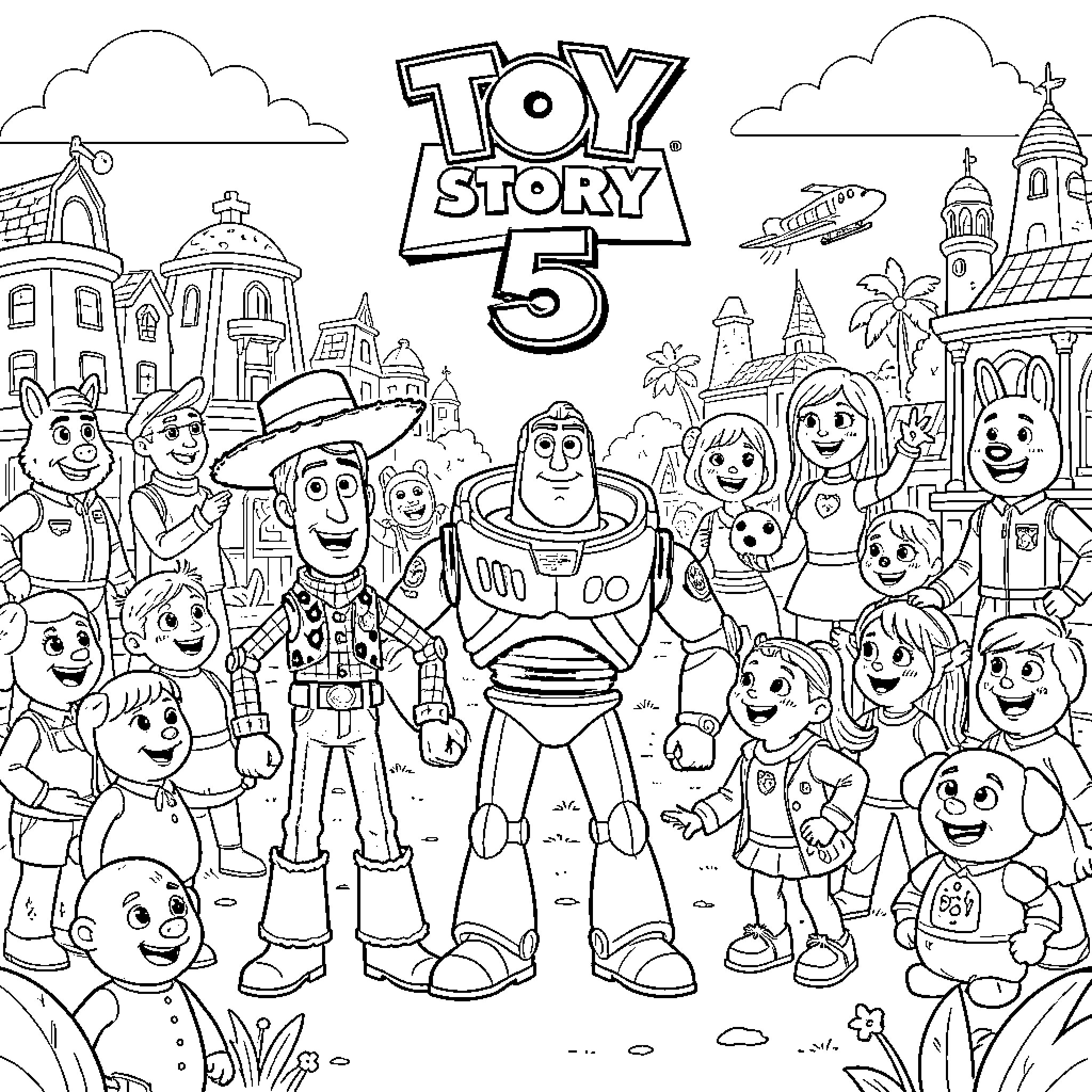 Toy Story characters gathering together for a group photo Coloring Page (free black-and-white line drawing printable PDF for all, from beginners to advanced learners, including children, teens, adults, and seniors)