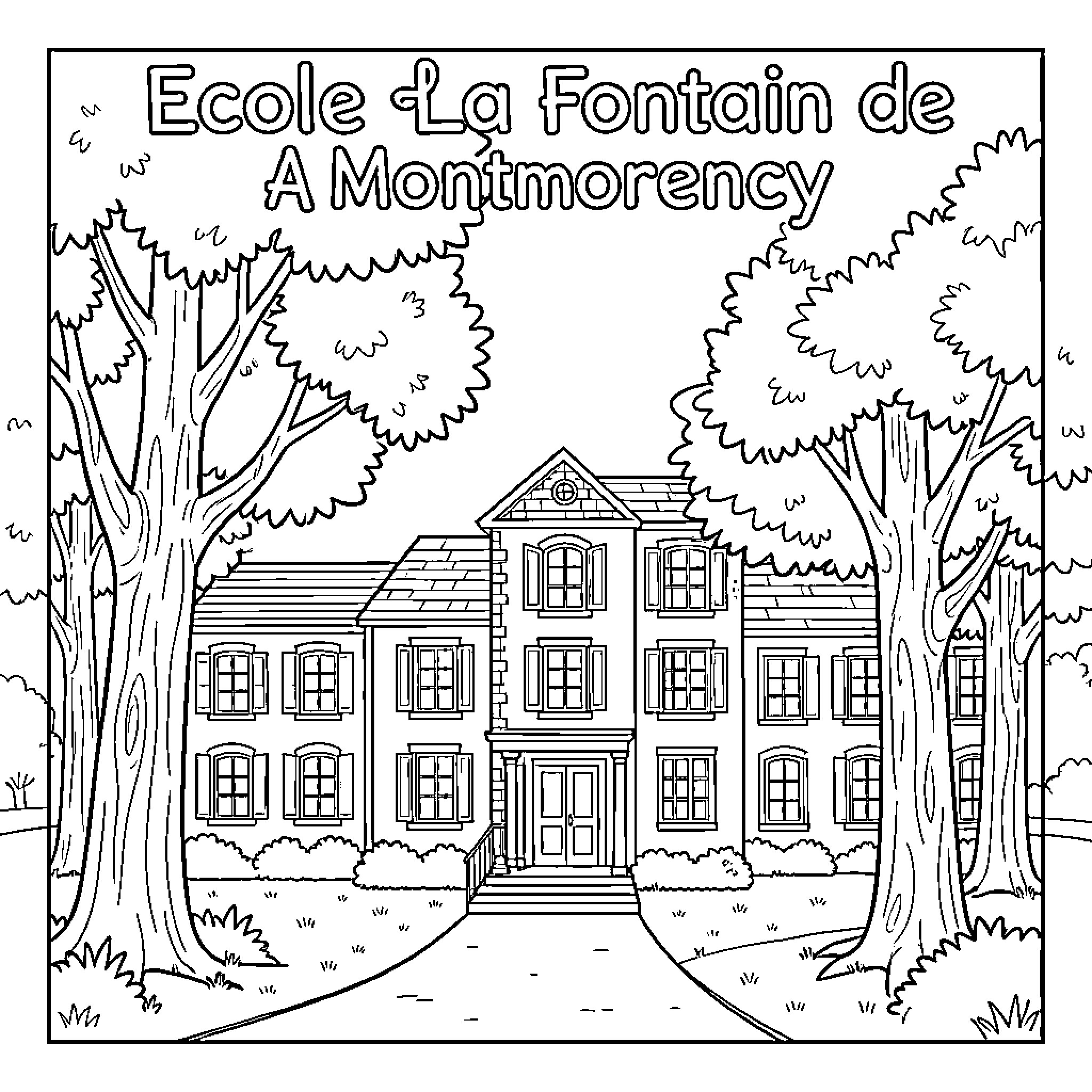 École of a Fontain de A Montimorency Coloring Page (free black-and-white line drawing printable PDF for all, from beginners to advanced learners, including children, teens, adults, and seniors)