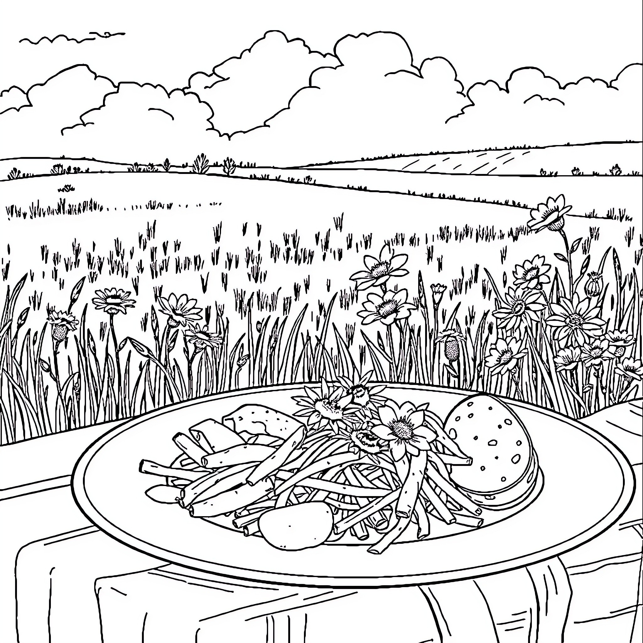 Cuisine with Delectable Dish amidst Lush Landscape Coloring Page (free black-and-white line drawing printable PDF for all, from beginners to advanced learners, including children, teens, adults, and seniors)