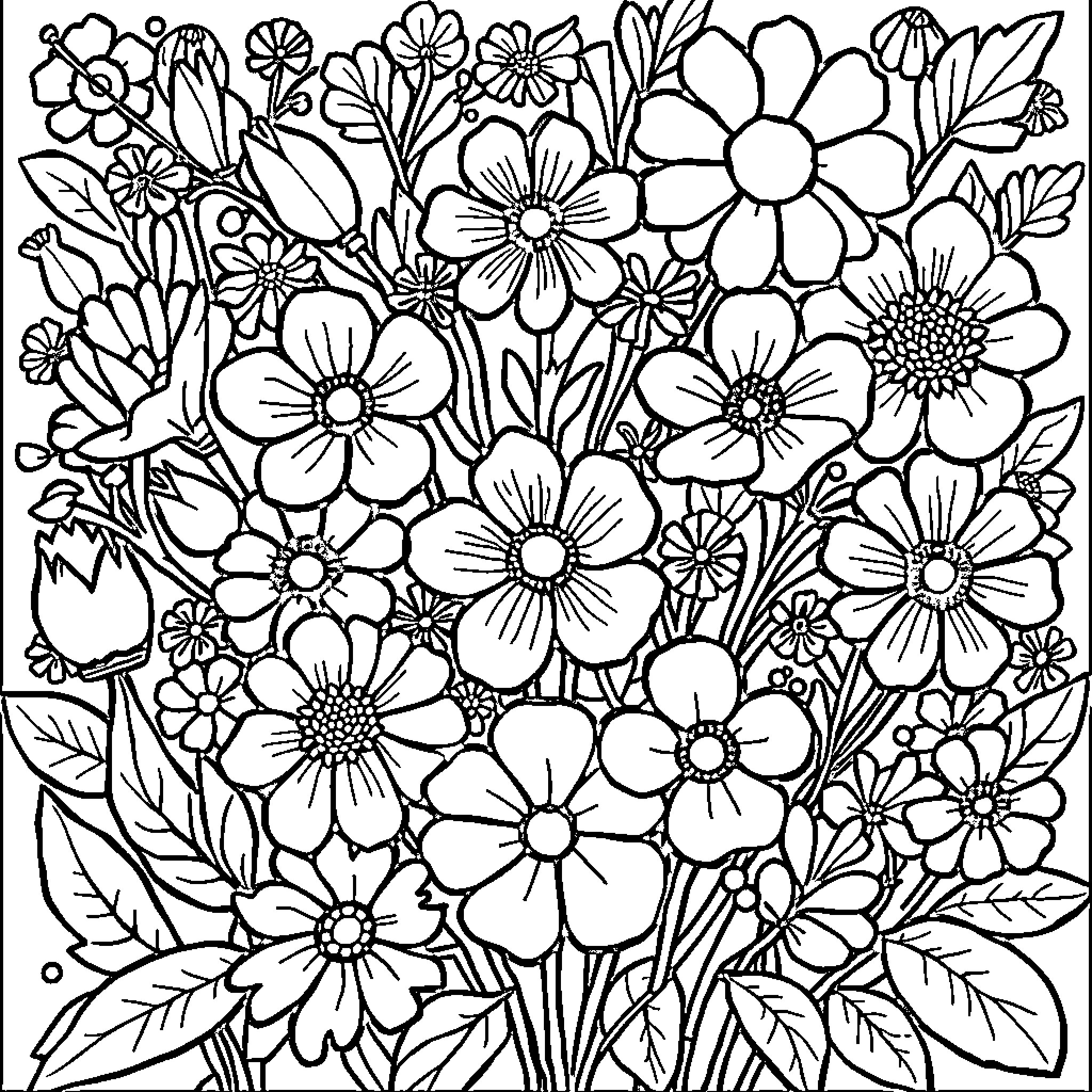 Jar filled with various blooming flowers Coloring Page (free black-and-white line drawing printable PDF for all, from beginners to advanced learners, including children, teens, adults, and seniors)