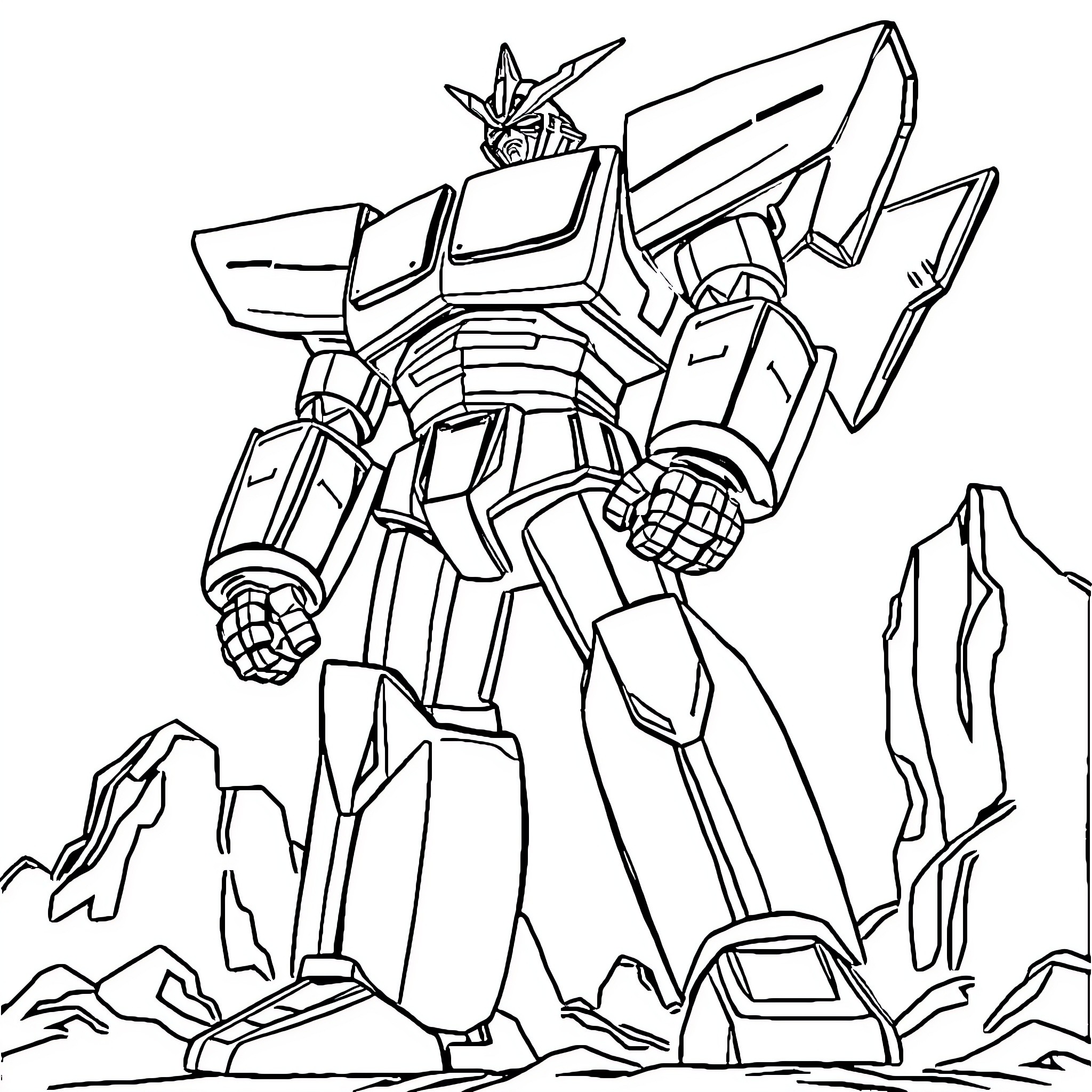 Mazinger Z mech robot in combat pose Coloring Page (free black-and-white line drawing printable PDF for all, from beginners to advanced learners, including children, teens, adults, and seniors)