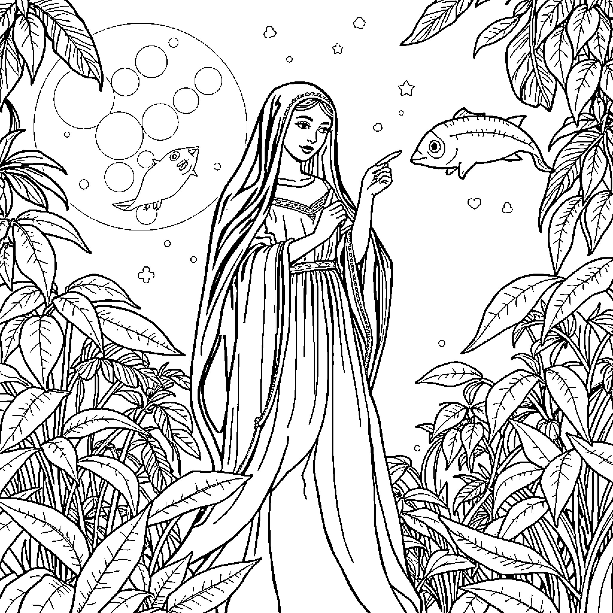 Woman in ornate dress surrounded by nature Coloring Page (free black-and-white line drawing printable PDF for all, from beginners to advanced learners, including children, teens, adults, and seniors)