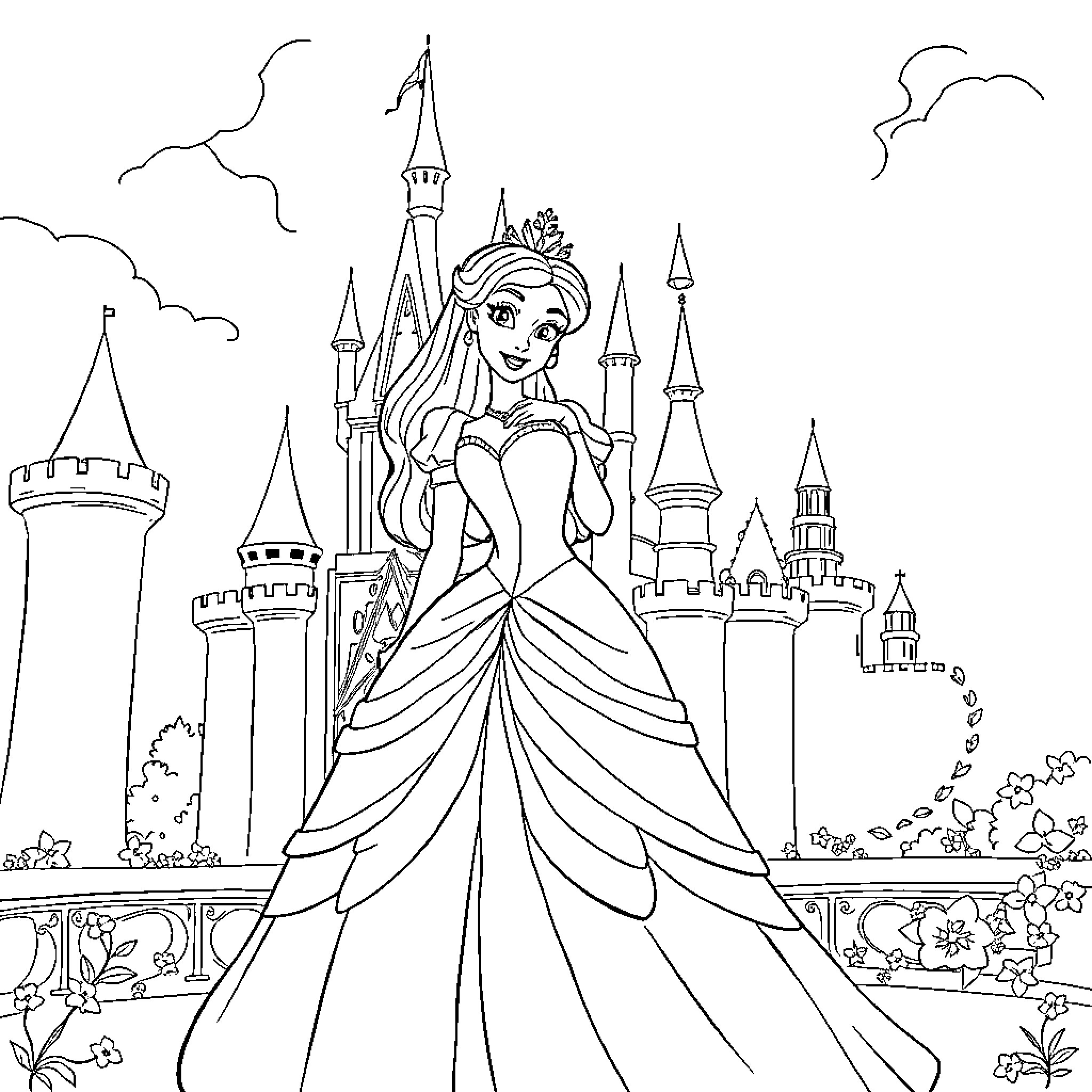 Princess posing gracefully in front of a magical castle Coloring Page (free black-and-white line drawing printable PDF for all, from beginners to advanced learners, including children, teens, adults, and seniors)