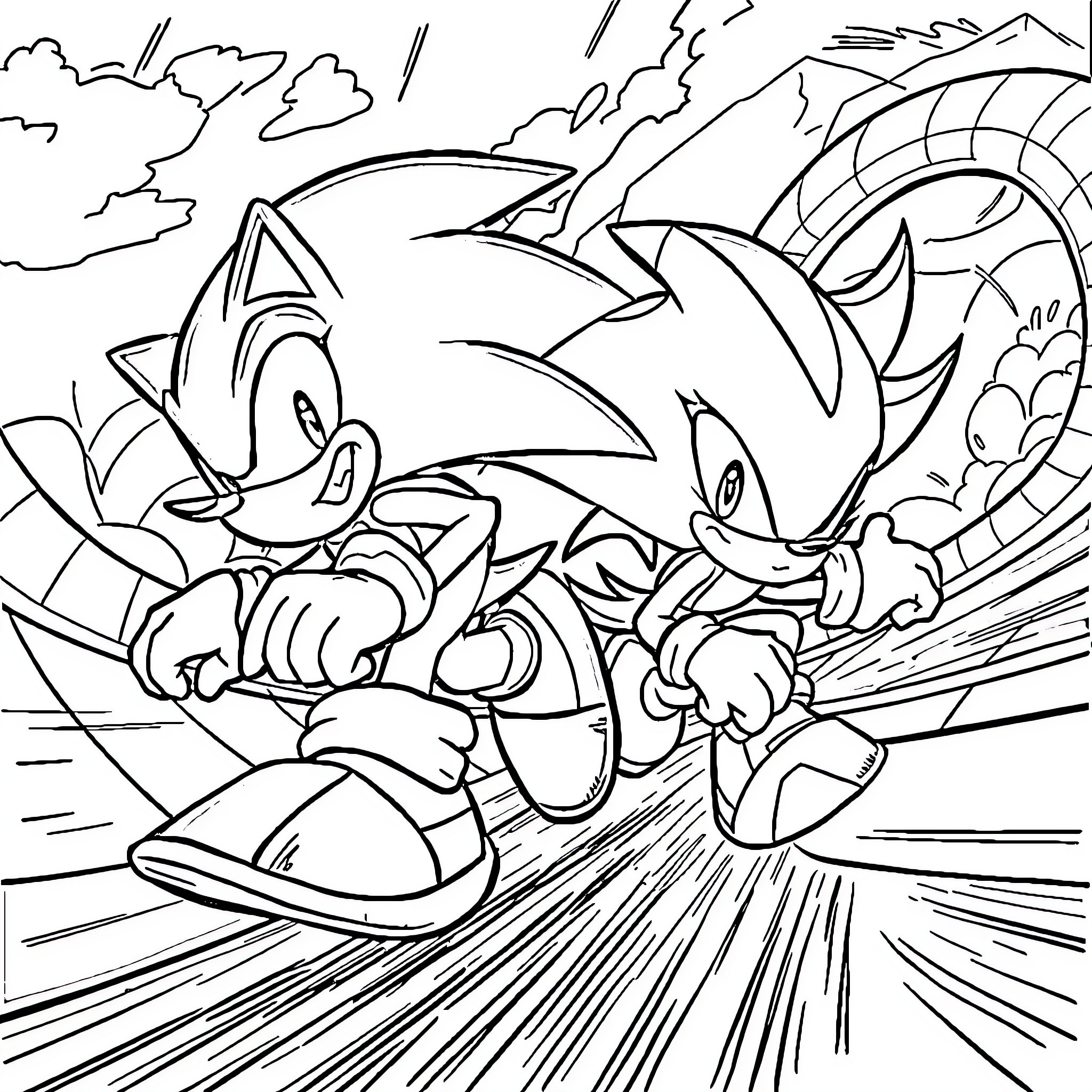 Sonic characters in an action-packed scene Coloring Page (free black-and-white line drawing printable PDF for all, from beginners to advanced learners, including children, teens, adults, and seniors)