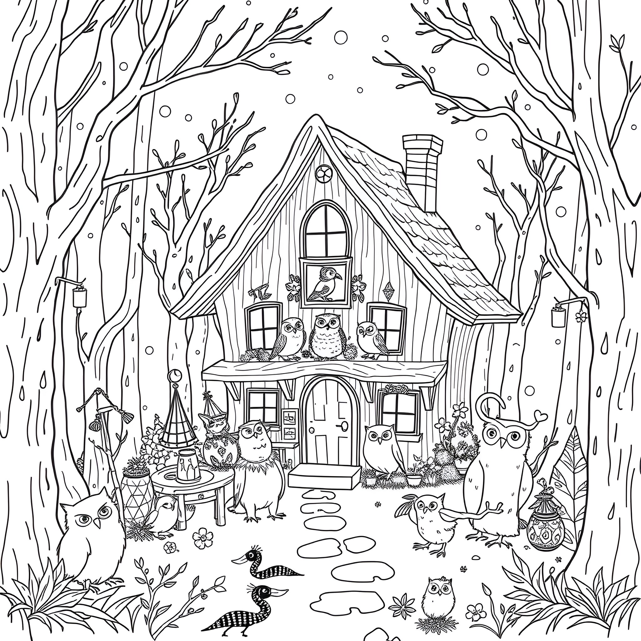 Owl House in the Enchanted Forest Coloring Page (free black-and-white line drawing printable PDF for all, from beginners to advanced learners, including children, teens, adults, and seniors)