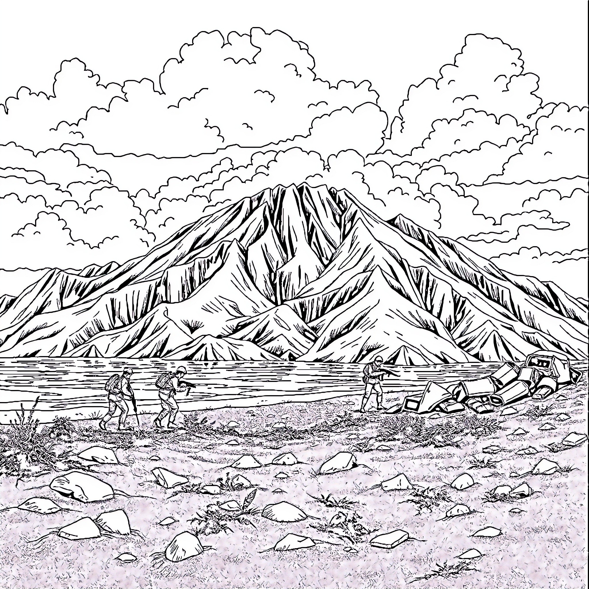 Iwo Jima: Soldiers battling amid rugged mountain terrain Coloring Page (free black-and-white line drawing printable PDF for all, from beginners to advanced learners, including children, teens, adults, and seniors)