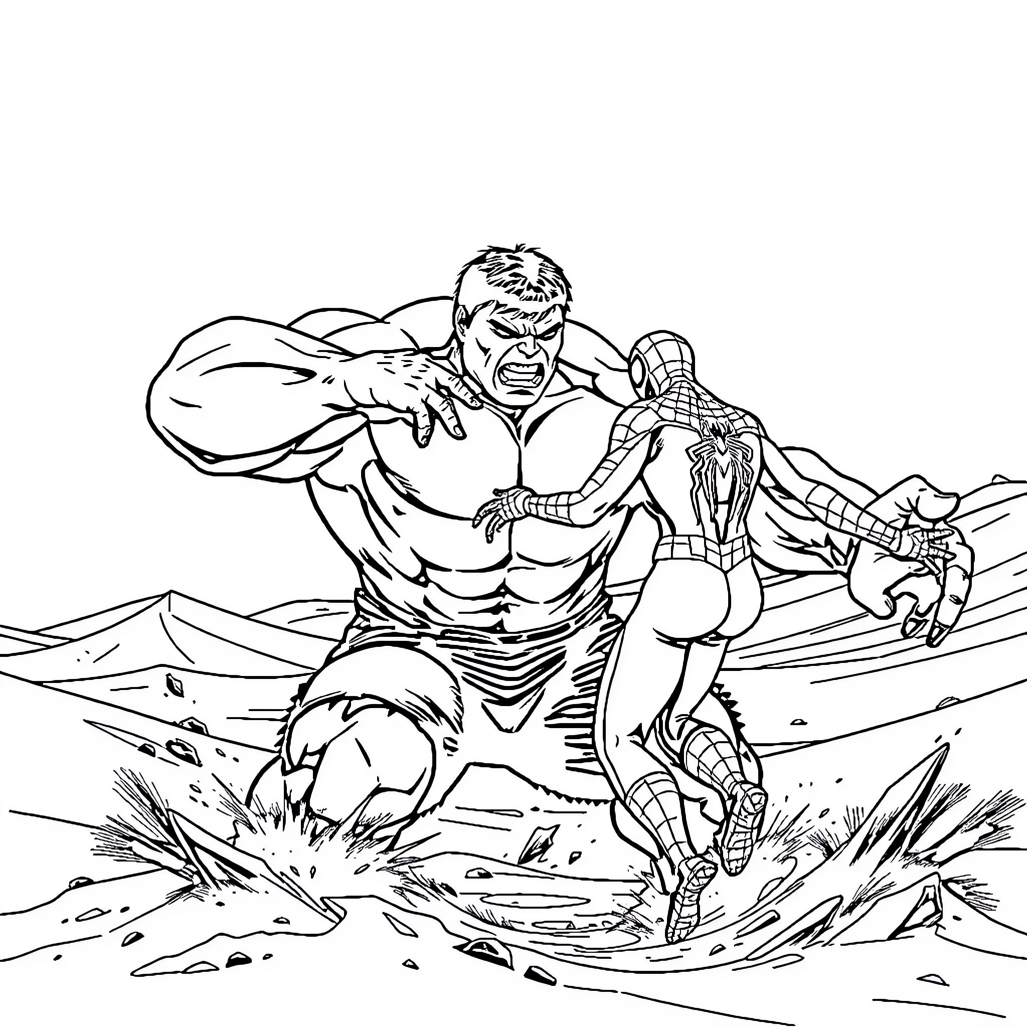 Hulk Unleashes Mighty Strength in Rugged Terrain Coloring Page (free black-and-white line drawing printable PDF for all, from beginners to advanced learners, including children, teens, adults, and seniors)