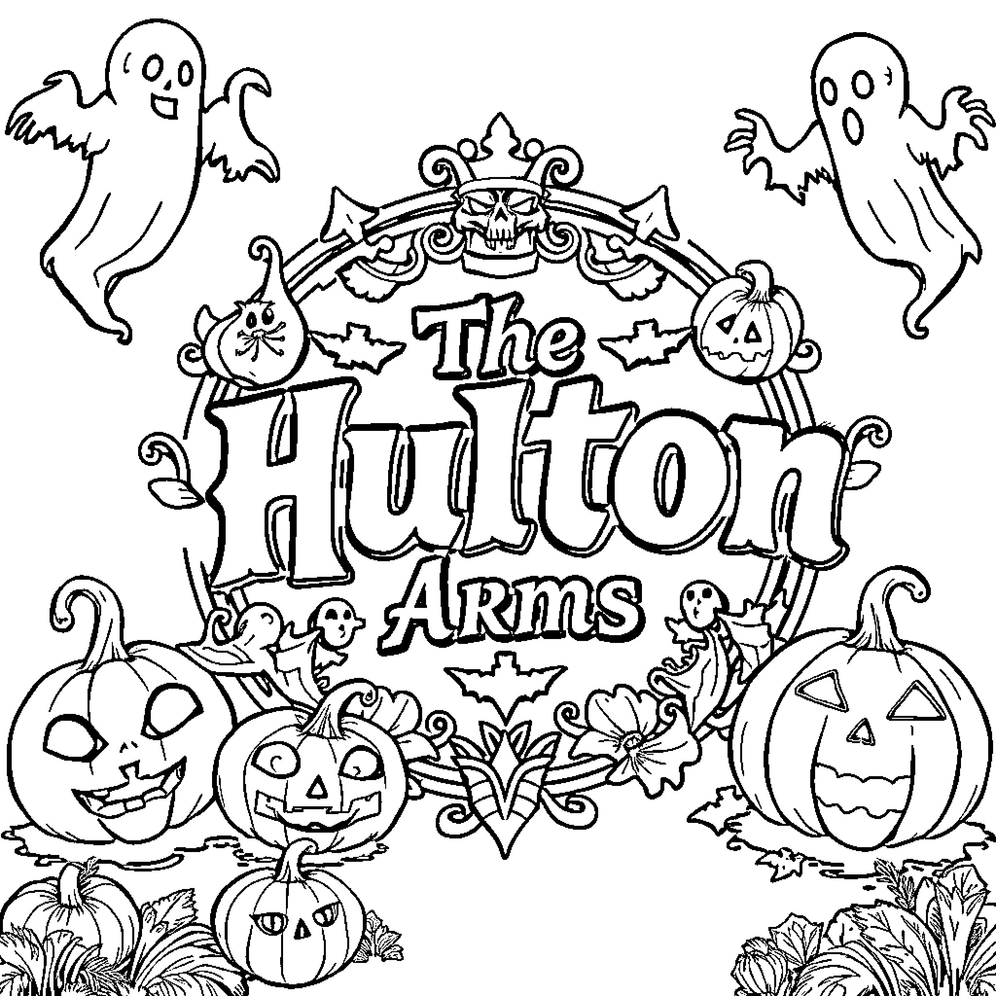 Halloween spooky scene with ghosts and jack-o'-lanterns Coloring Page (free black-and-white line drawing printable PDF for all, from beginners to advanced learners, including children, teens, adults, and seniors)