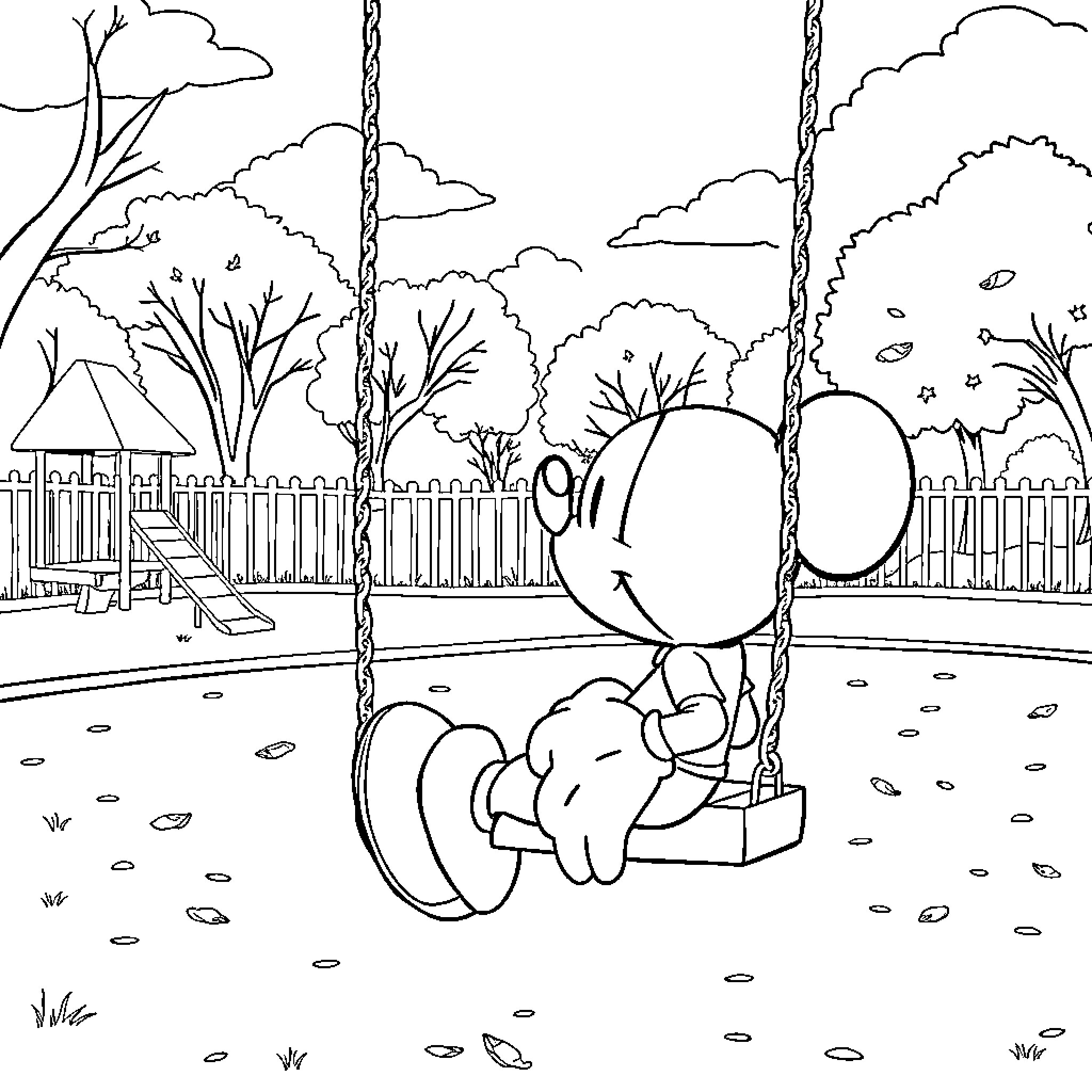 Mickey Mouse enjoying swing in park Coloring Page (free black-and-white line drawing printable PDF for all, from beginners to advanced learners, including children, teens, adults, and seniors)