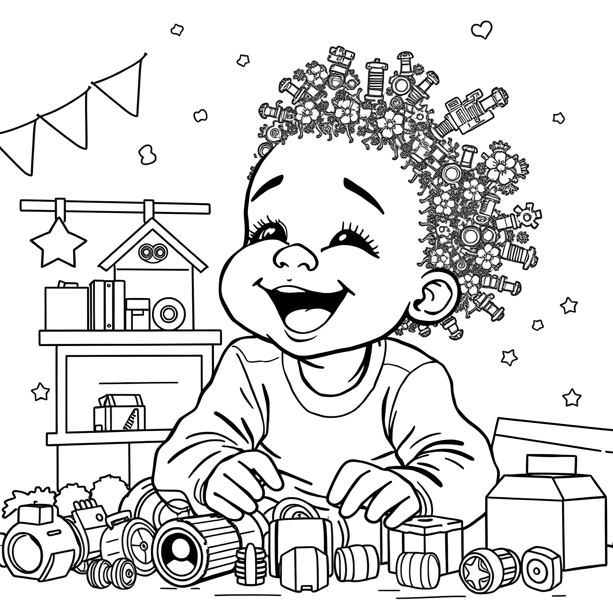 Girl playing happily with toys in her room Coloring Page (free black-and-white line drawing printable PDF for all, from beginners to advanced learners, including children, teens, adults, and seniors)