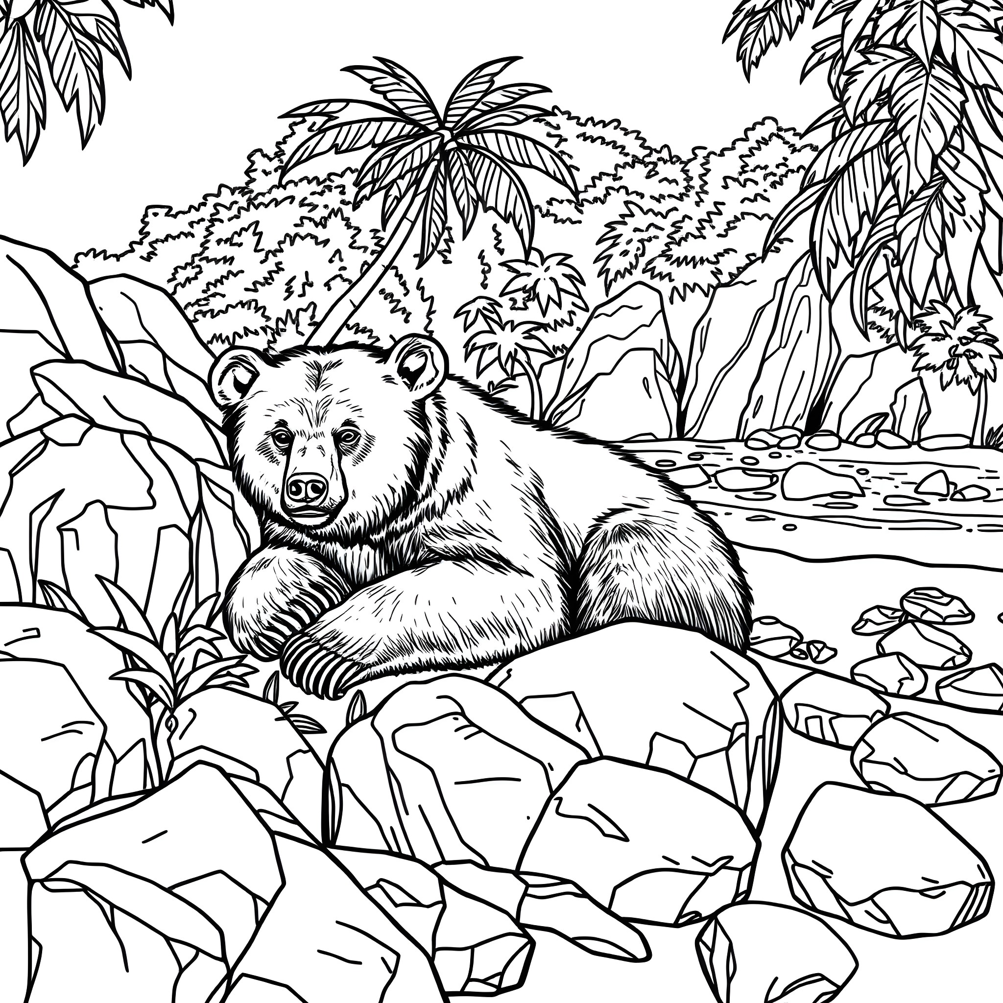 Sun Bear in Tropical Jungle Landscape Coloring Page (free black-and-white line drawing printable PDF for all, from beginners to advanced learners, including children, teens, adults, and seniors)