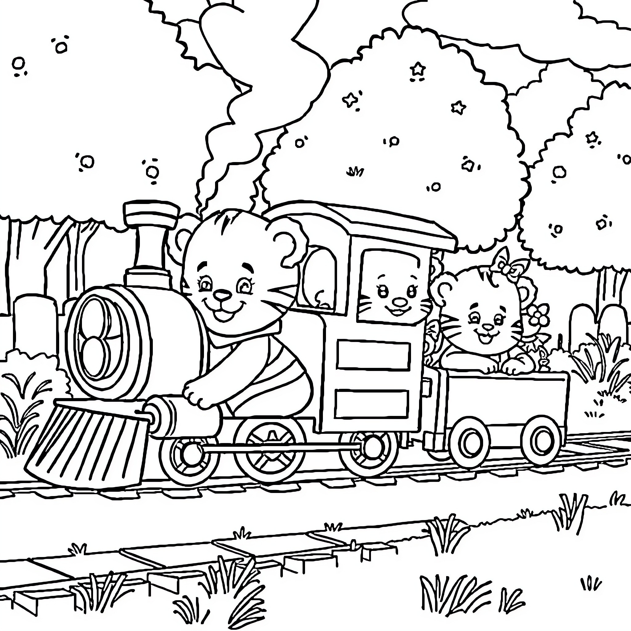 Daniel Tiger riding a joyful train through the countryside Coloring Page (free black-and-white line drawing printable PDF for all, from beginners to advanced learners, including children, teens, adults, and seniors)