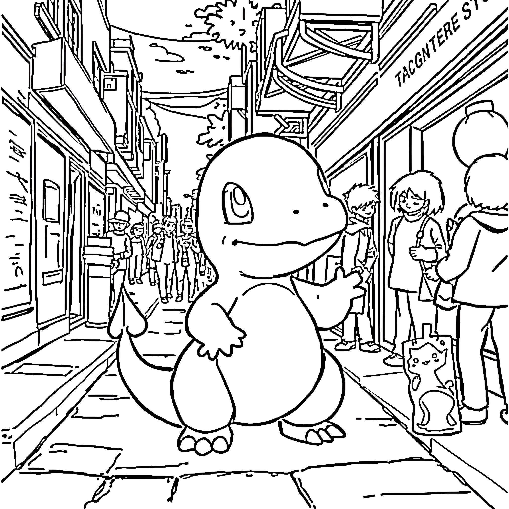 Charmander exploring the bustling city streets Coloring Page (free black-and-white line drawing printable PDF for all, from beginners to advanced learners, including children, teens, adults, and seniors)